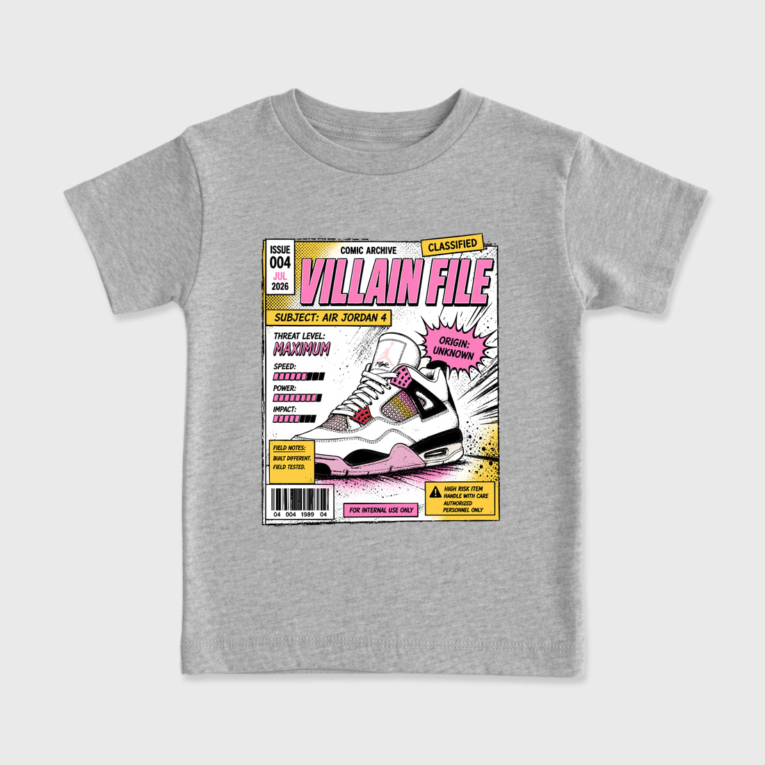 Villain File Baby & Kids Graphic T-Shirt featuring original artwork designed to match the Air Jordan 4 Comic. Heather Grey 2 Kids Graphic Tee.