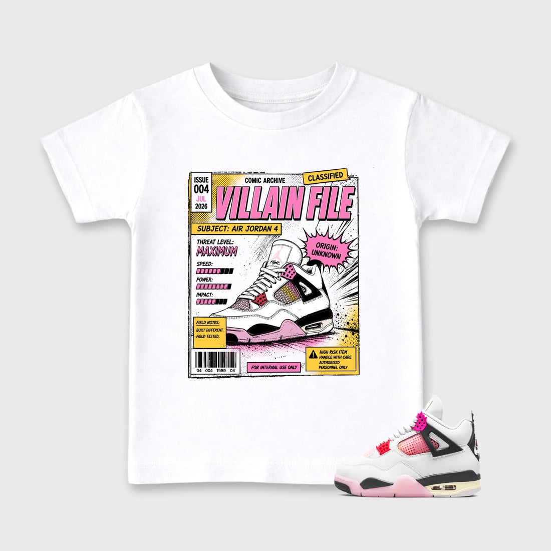 Villain File Baby & Kids Graphic T-Shirt featuring original artwork designed to match the Air Jordan 4 Comic. White 1 Kids Graphic Tee.
