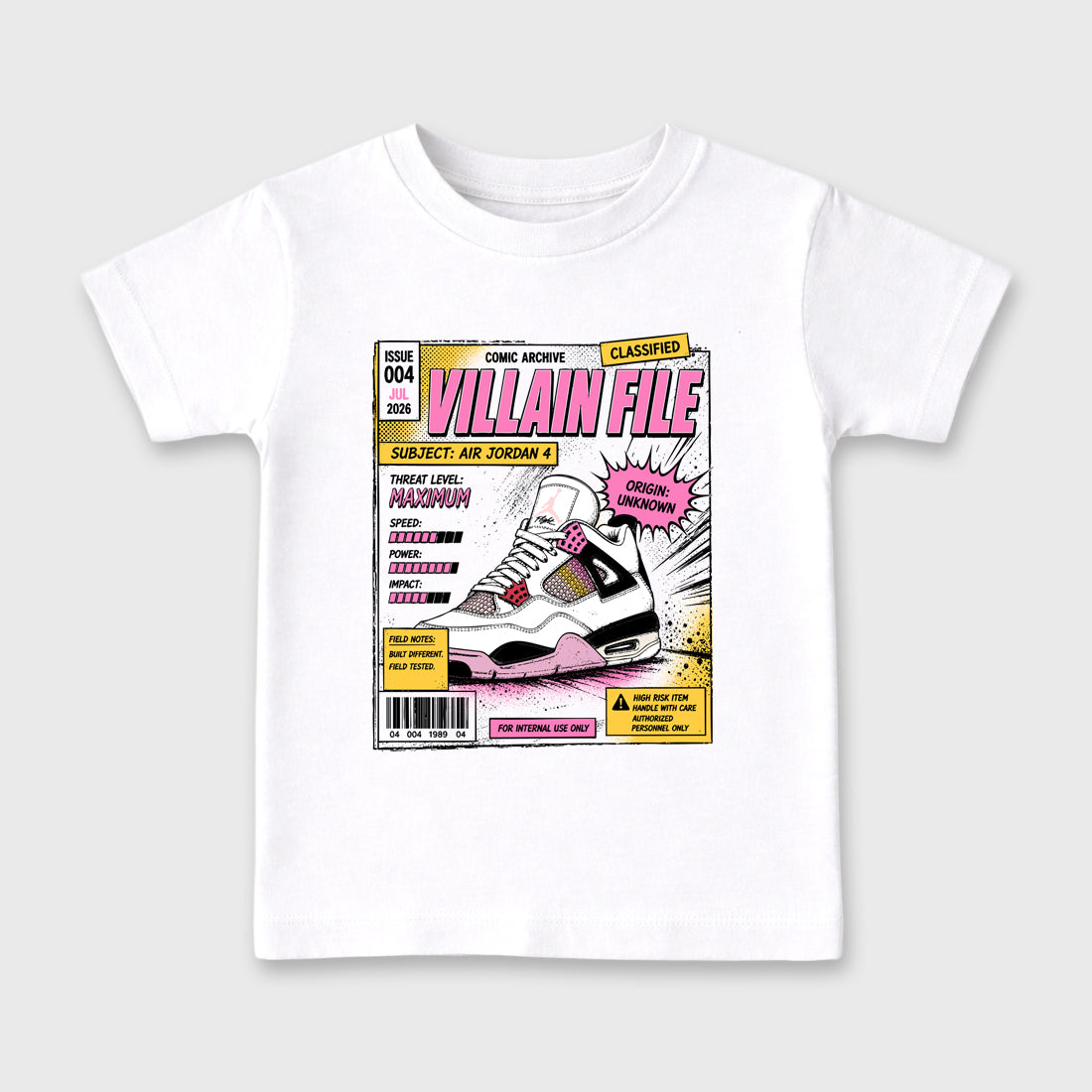 Villain File Baby & Kids Graphic T-Shirt featuring original artwork designed to match the Air Jordan 4 Comic. White 2 Kids Graphic Tee.