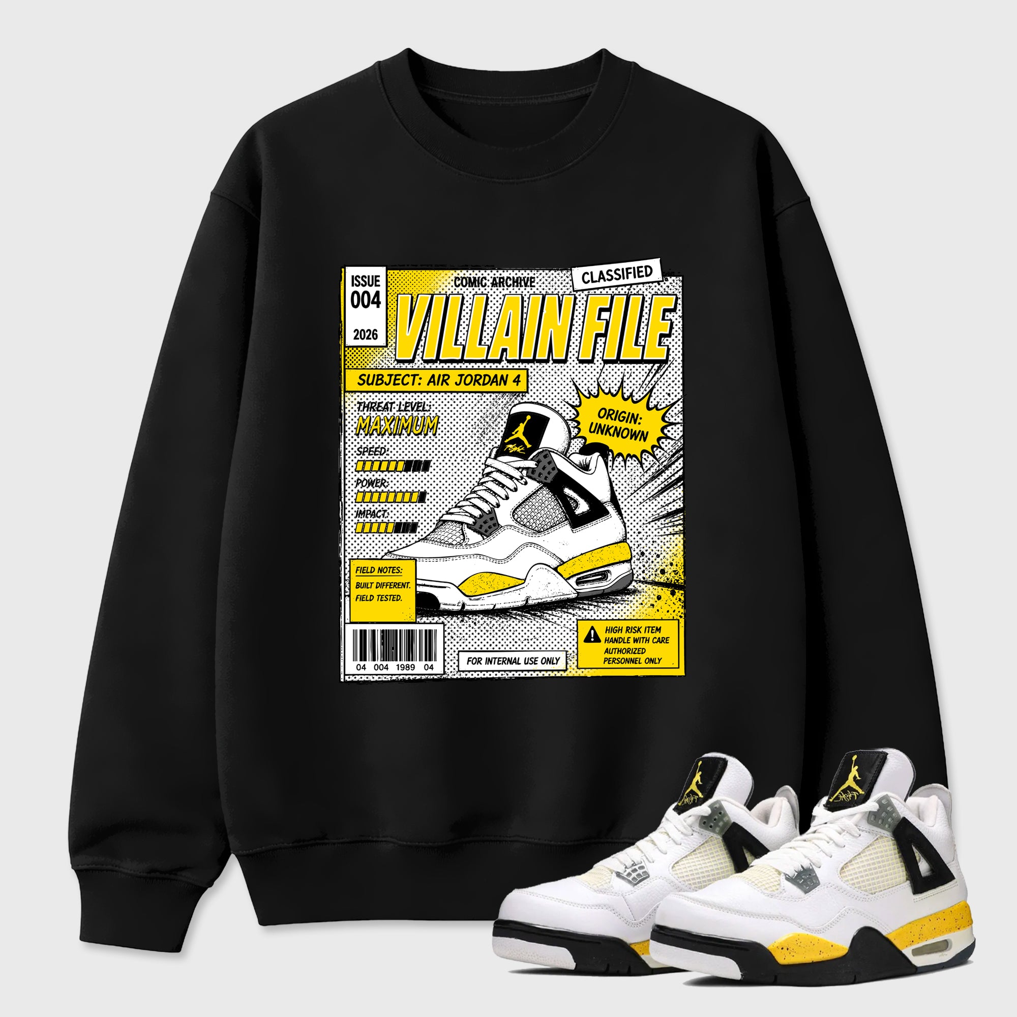 Villain FIle Graphic T-Shirt featuring original streetwear artwork designed to match the Air Jordan 4 Tour Yellow. Black 1 Graphic Tee.