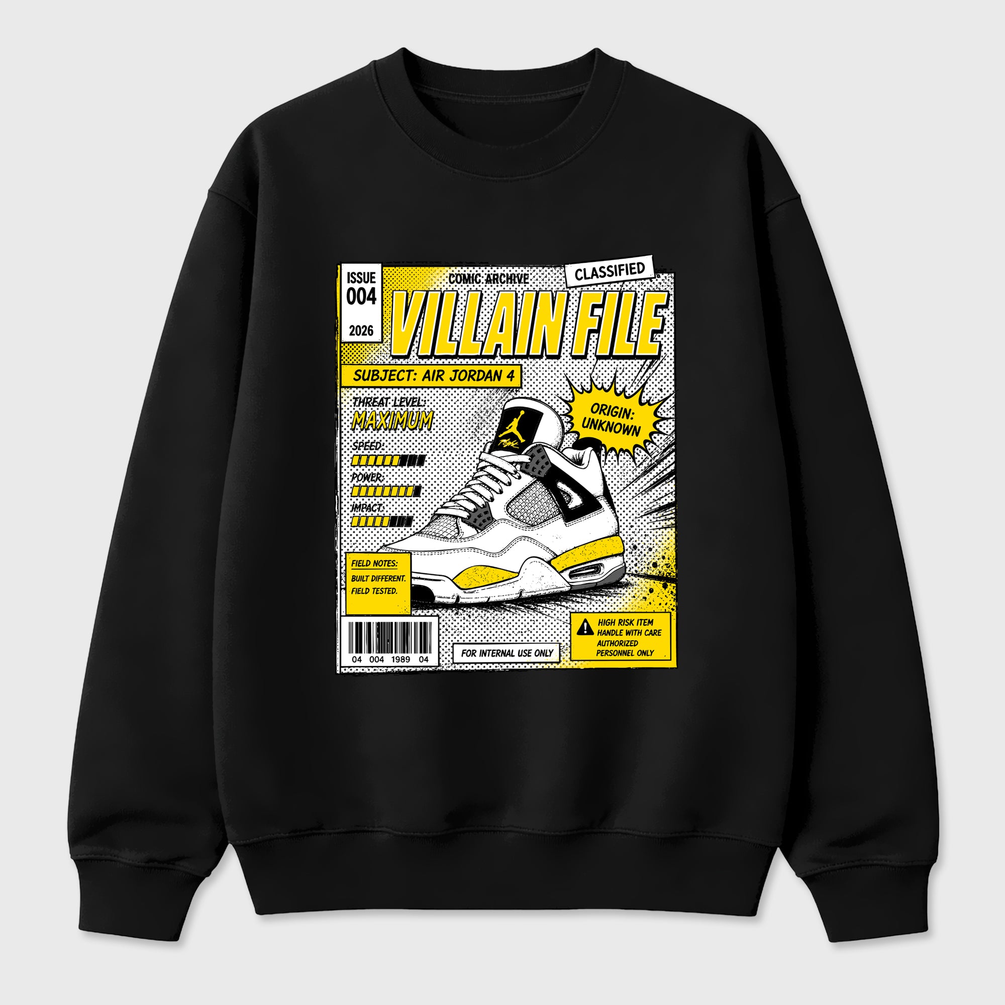 Villain FIle Graphic T-Shirt featuring original streetwear artwork designed to match the Air Jordan 4 Tour Yellow. Black 2 Graphic Tee.