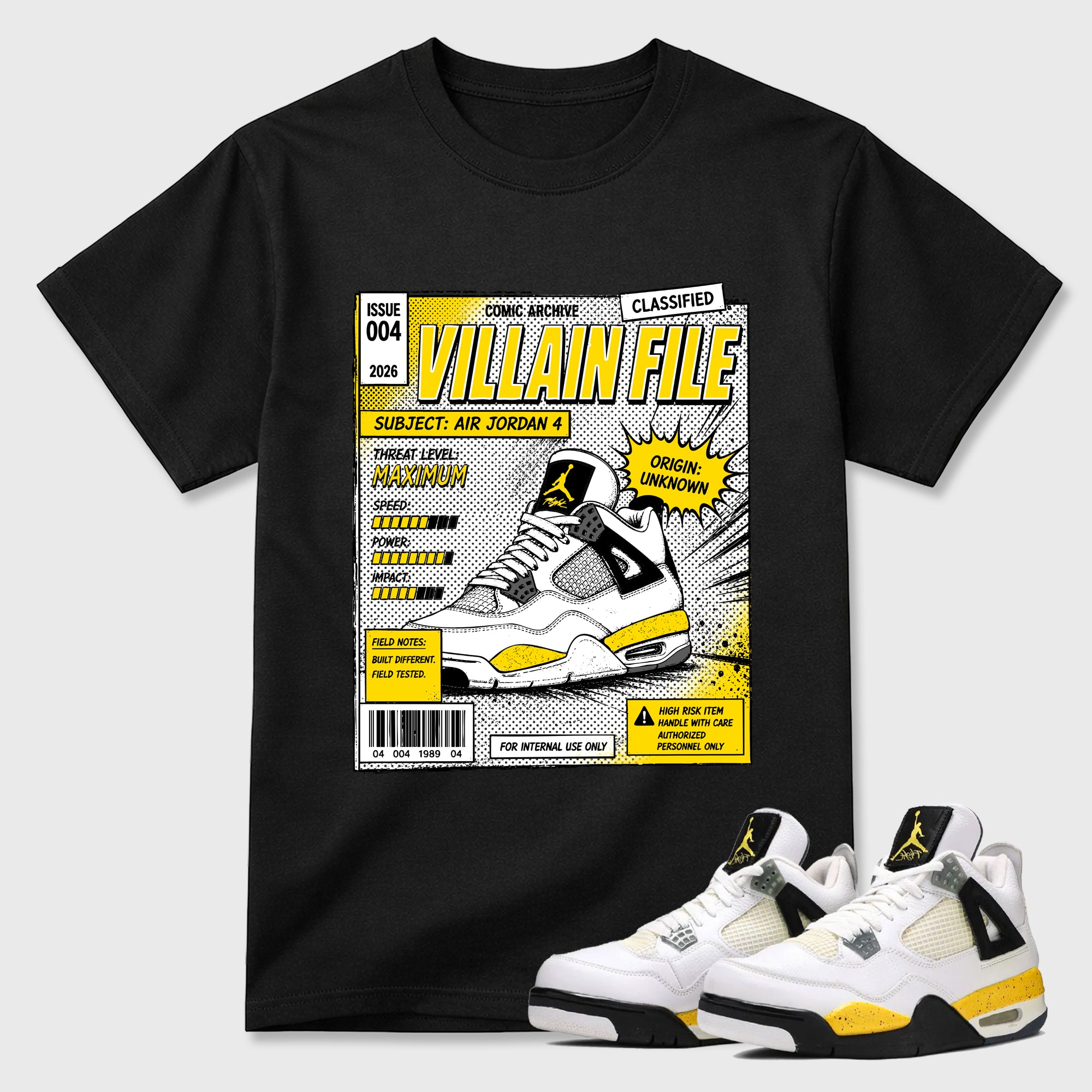 Villain FIle Graphic T-Shirt featuring original streetwear artwork designed to match the Air Jordan 4 Tour Yellow. Black 1 Graphic T-Shirt.