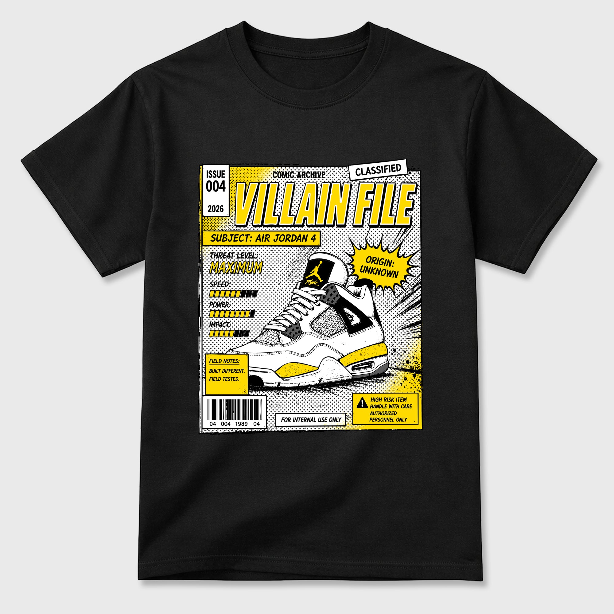 Villain FIle Graphic T-Shirt featuring original streetwear artwork designed to match the Air Jordan 4 Tour Yellow. Black 2 Graphic T-Shirt.