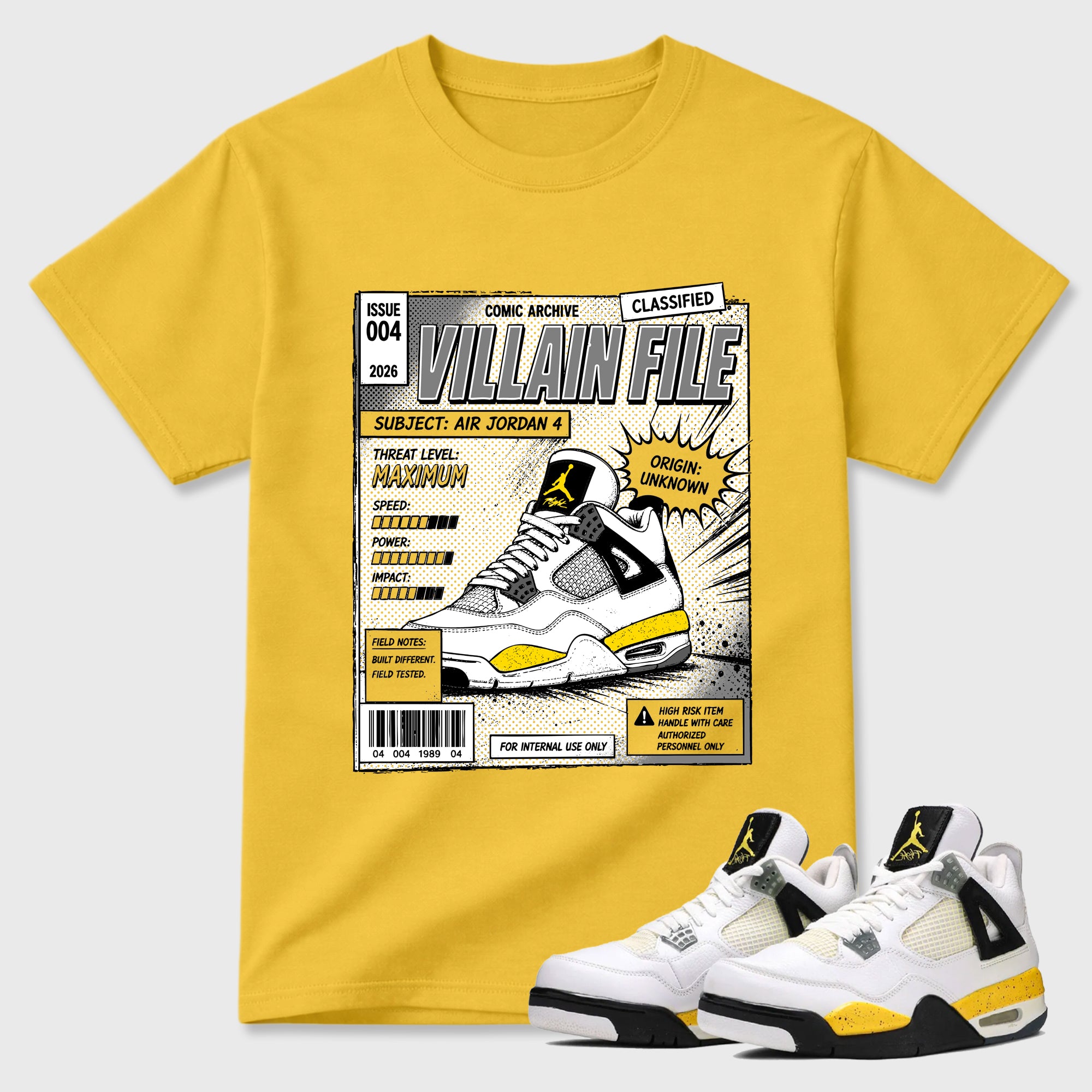 Villain FIle Graphic T-Shirt featuring original streetwear artwork designed to match the Air Jordan 4 Tour Yellow. Daisy 1 Graphic T-Shirt.