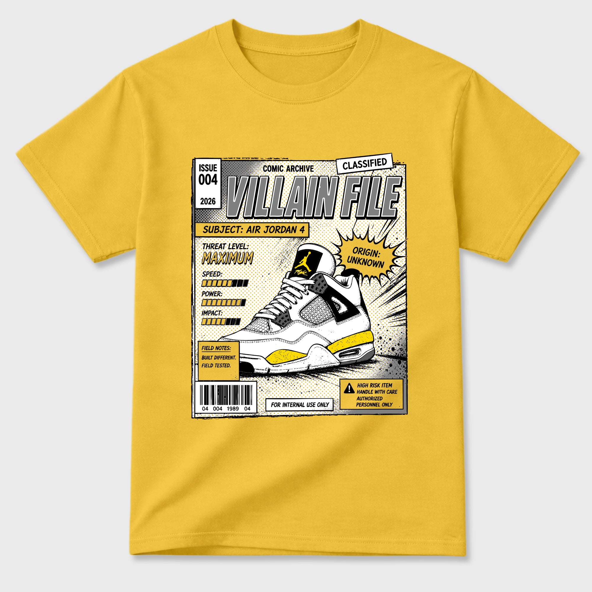 Villain FIle Graphic T-Shirt featuring original streetwear artwork designed to match the Air Jordan 4 Tour Yellow. Daisy 2 Graphic T-Shirt.