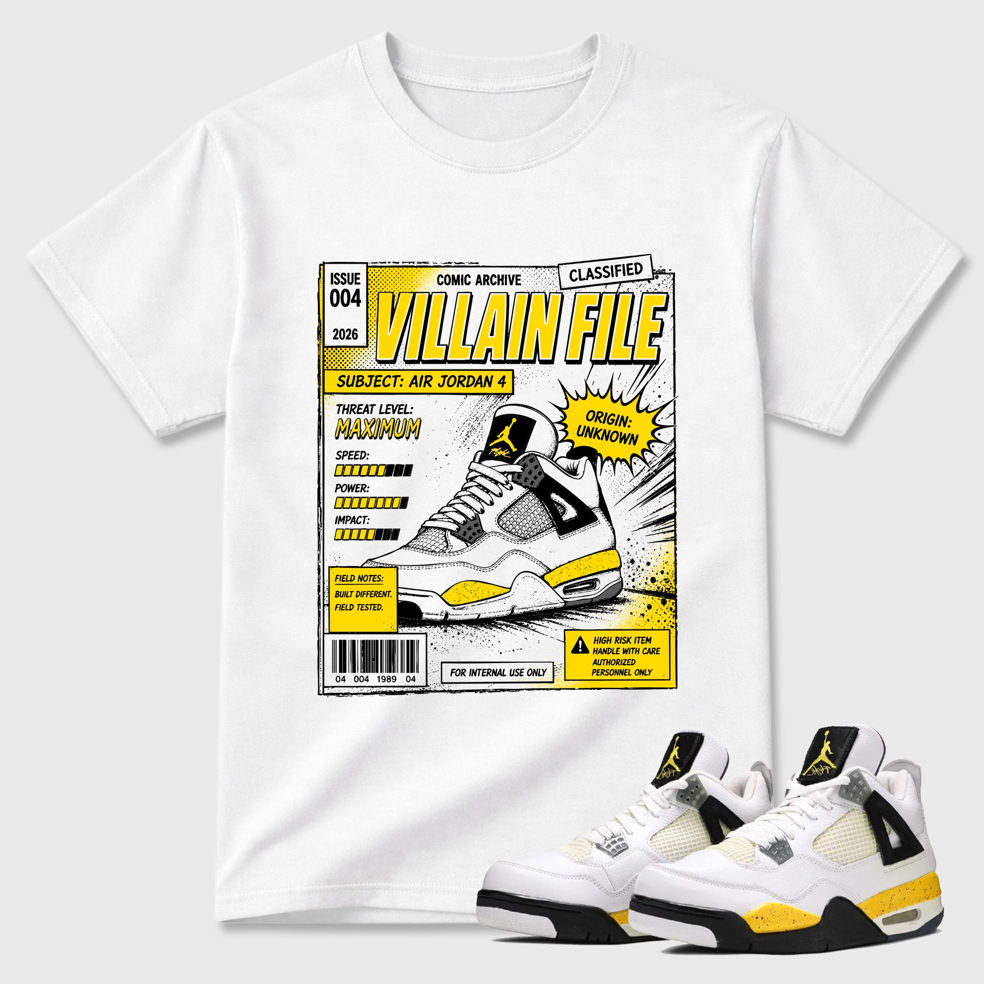 Villain FIle Graphic T-Shirt featuring original streetwear artwork designed to match the Air Jordan 4 Tour Yellow. White 1 Graphic T-Shirt.