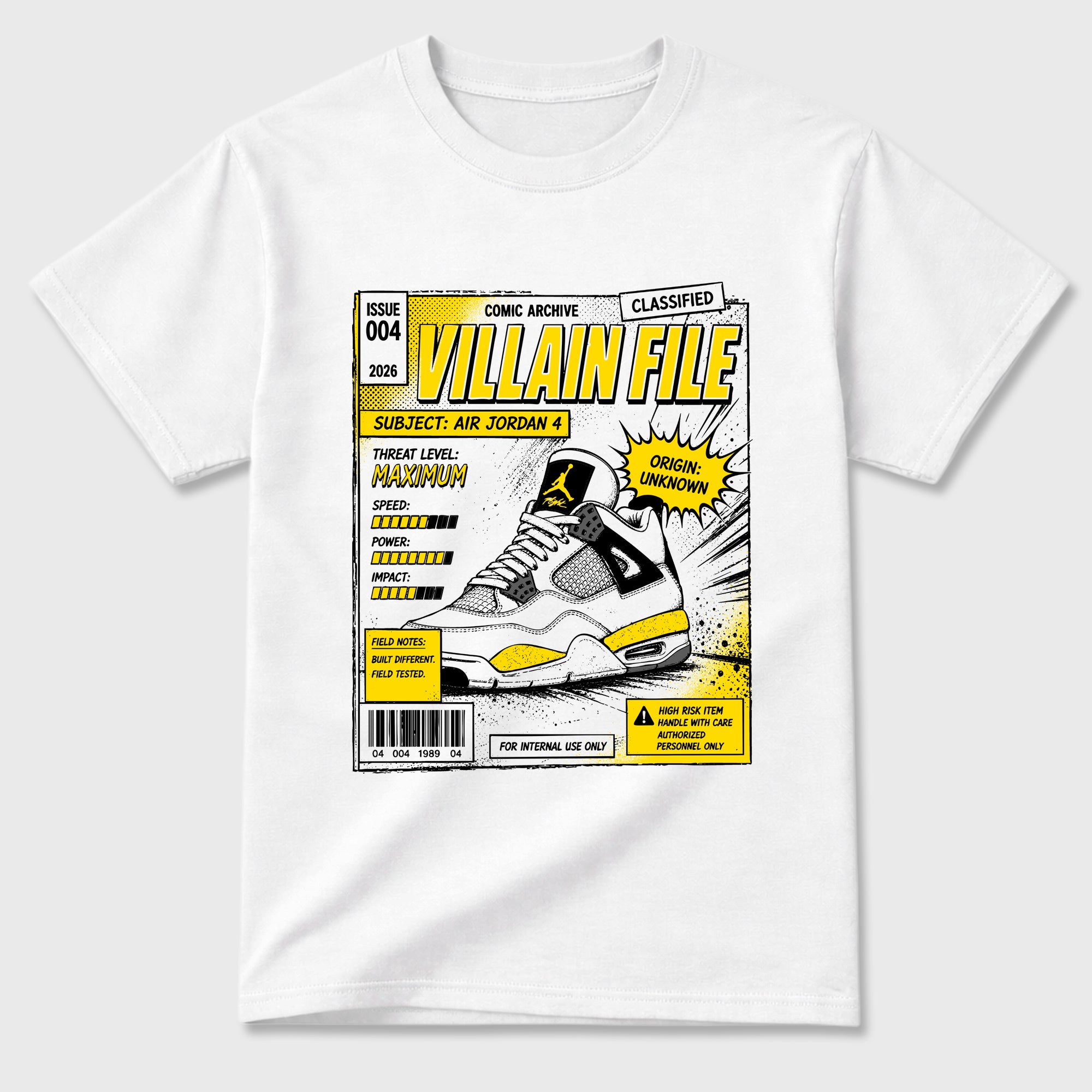 Villain FIle Graphic T-Shirt featuring original streetwear artwork designed to match the Air Jordan 4 Tour Yellow. White 2 Graphic T-Shirt.
