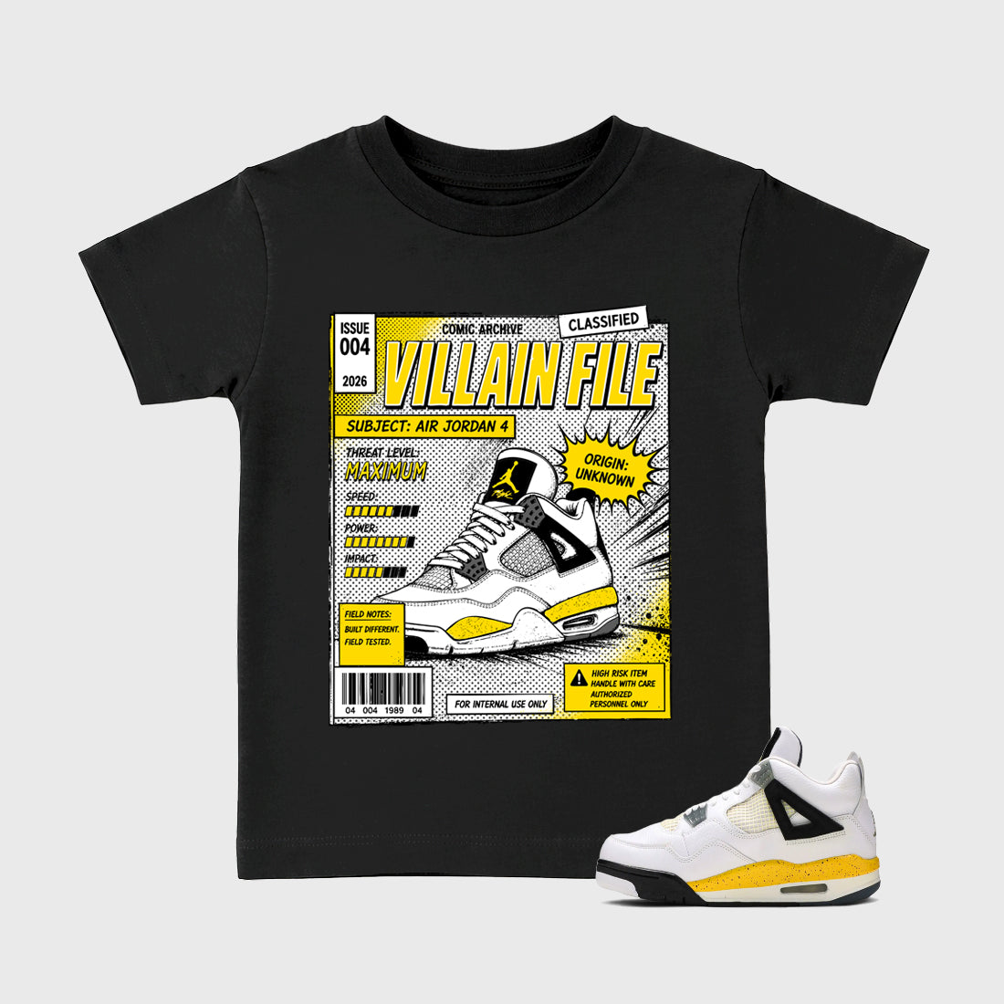 Villain FIle Baby & Kids Graphic T-Shirt featuring original artwork designed to match the Air Jordan 4 Tour Yellow. Black 1 Kids Graphic Tee.