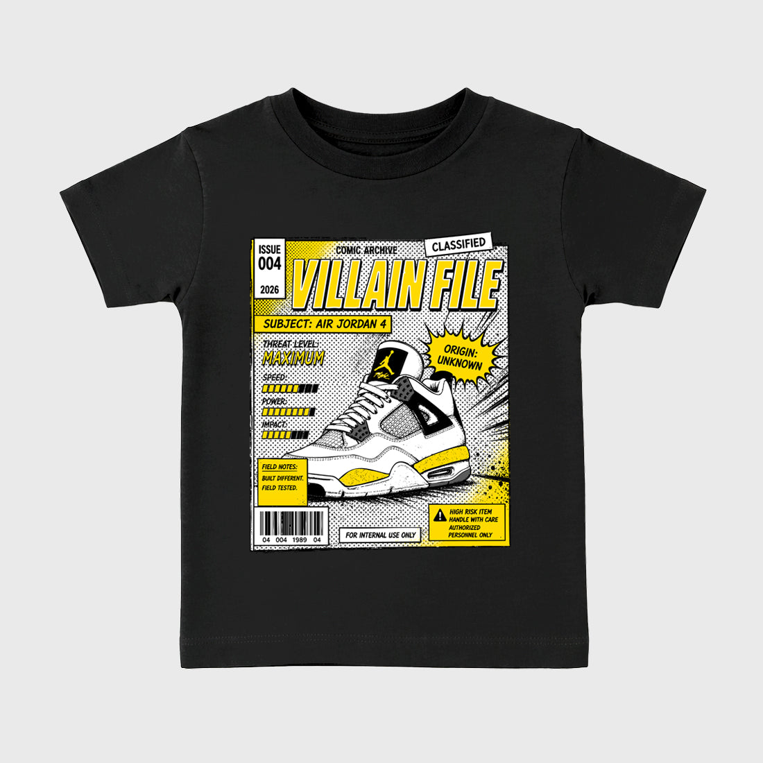 Villain FIle Baby & Kids Graphic T-Shirt featuring original artwork designed to match the Air Jordan 4 Tour Yellow. Black 2 Kids Graphic Tee.
