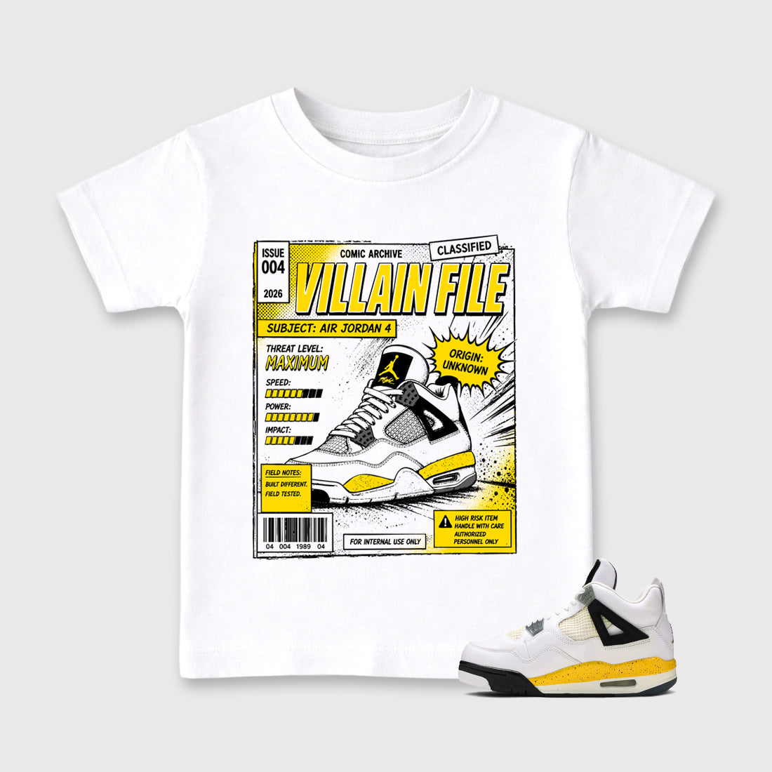 Villain FIle Baby & Kids Graphic T-Shirt featuring original artwork designed to match the Air Jordan 4 Tour Yellow. White 1 Kids Graphic Tee.
