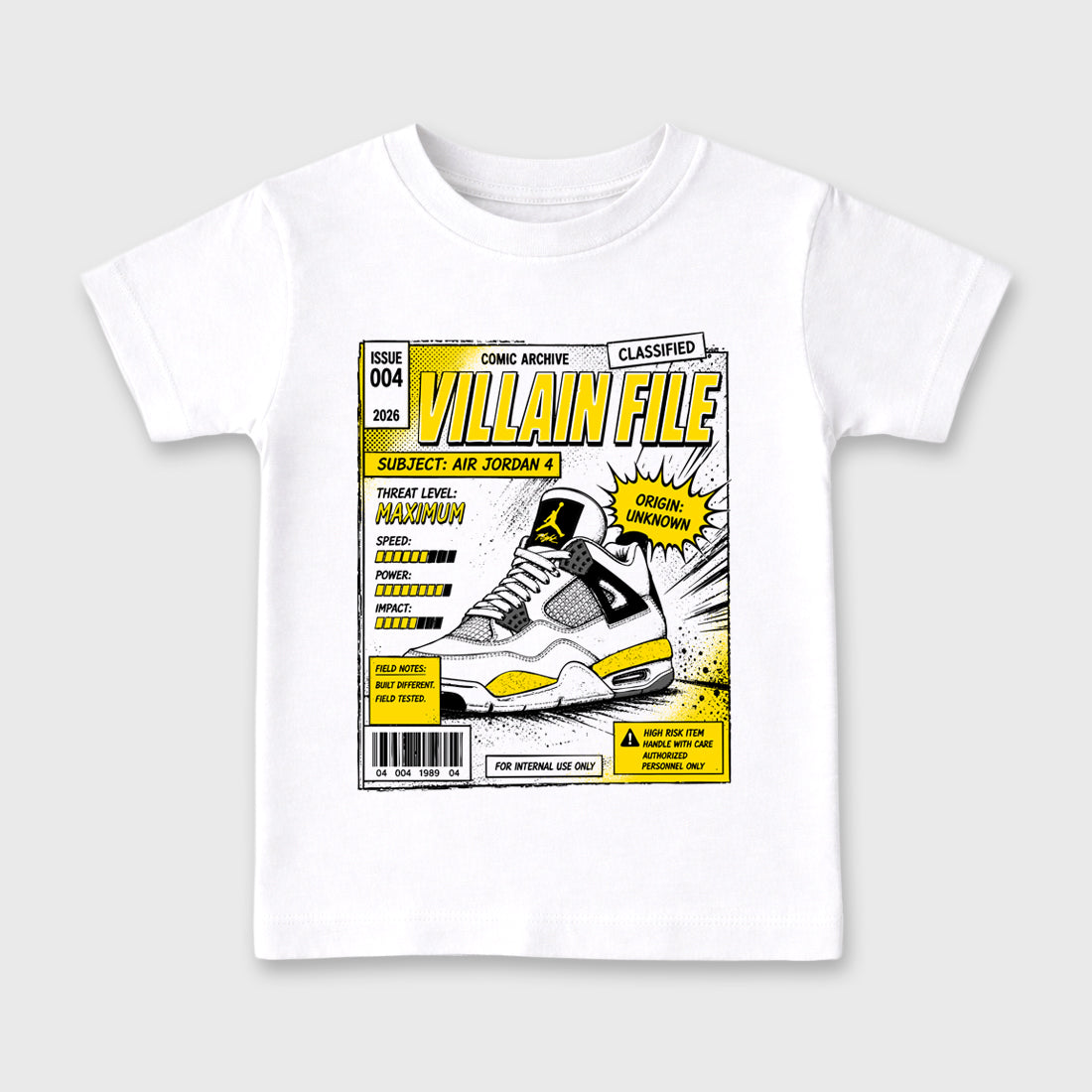 Villain FIle Baby & Kids Graphic T-Shirt featuring original artwork designed to match the Air Jordan 4 Tour Yellow. White 2 Kids Graphic Tee.