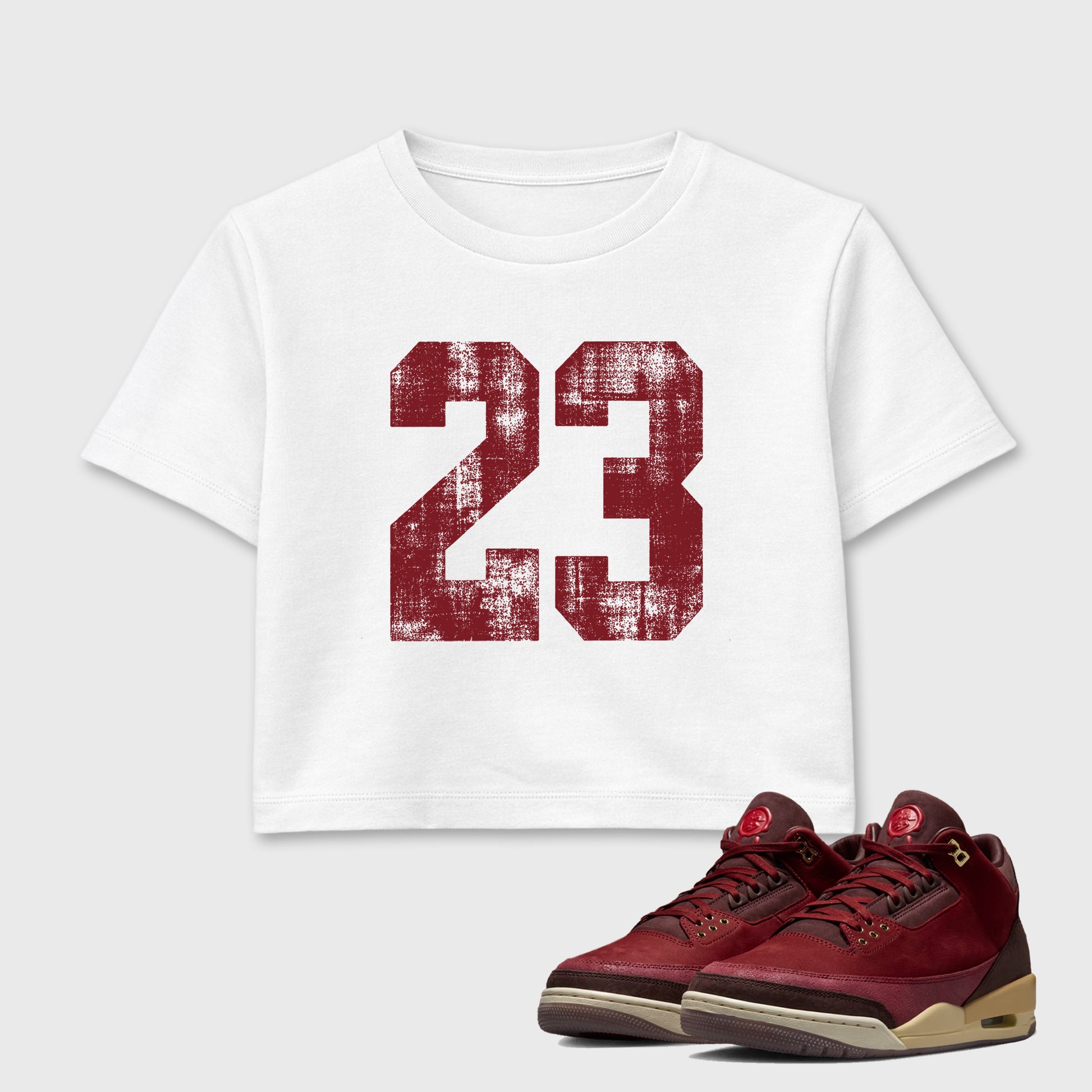 Vintage 23 women’s crop tee designed to match the Air Jordan 3 Bin 23, featuring coordinated White 1 options for a perfect streetwear vibe.