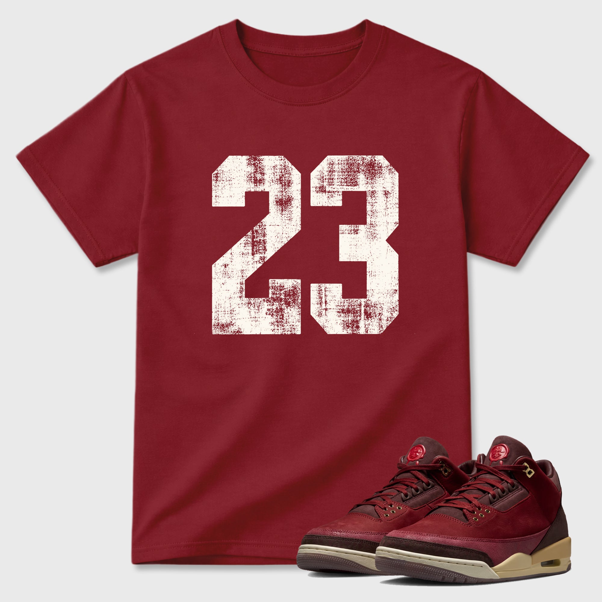 Vintage 23 Graphic T-Shirt sneaker match tee designed for the Air Jordan 3 Bin 23, featuring coordinated color options for a perfect streetwear match. Cardinal 1 shirt.