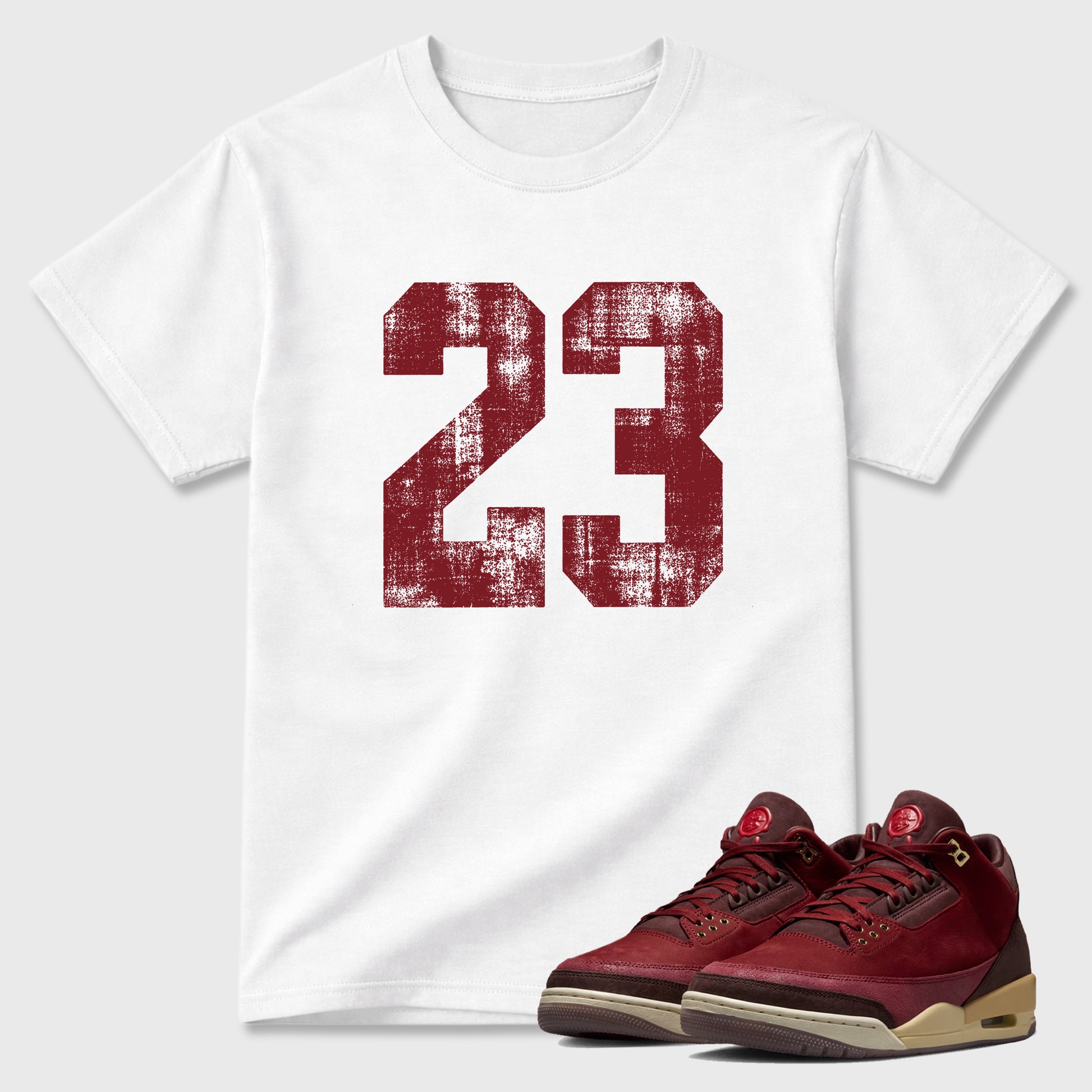 Vintage 23 Graphic T-Shirt sneaker match tee designed for the Air Jordan 3 Bin 23, featuring coordinated color options for a perfect streetwear match. White 1 shirt.