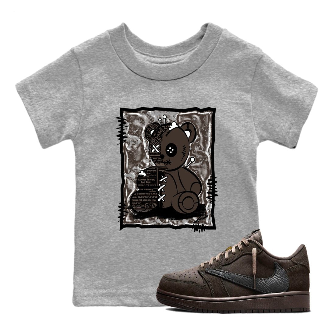 1s Travis Scott Velvet Brown shirts to match jordans Vintage Bear best t shirts to wear with jordans Travis Scott x Air Jordan 1 Low OG Velvet Brown match shoes to clothes SNRT Sneaker Tees Youth Baby Heather Grey 1 tee