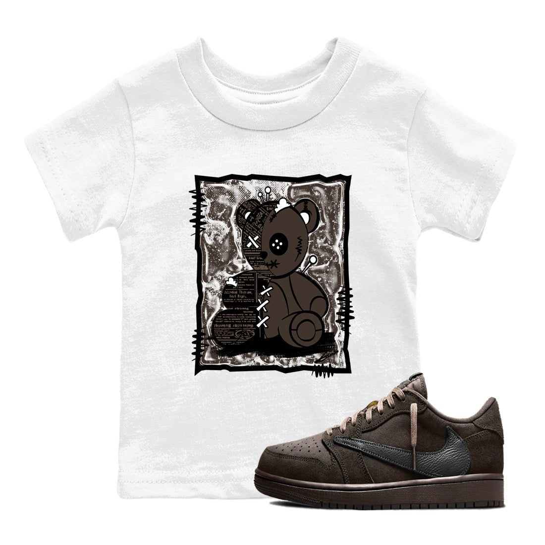 1s Travis Scott Velvet Brown shirts to match jordans Vintage Bear best t shirts to wear with jordans Travis Scott x Air Jordan 1 Low OG Velvet Brown match shoes to clothes SNRT Sneaker Tees Youth Baby White 1 tee