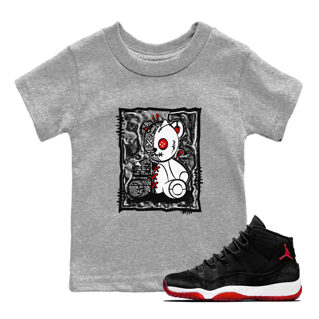 11s Bred Velvet shirts to match jordans Vintage Bear sneaker match tees Air Jordan 11 Bred Velvet SNRT Sneaker Release Tees Youth Baby Heather Grey 1 crew neck shirts