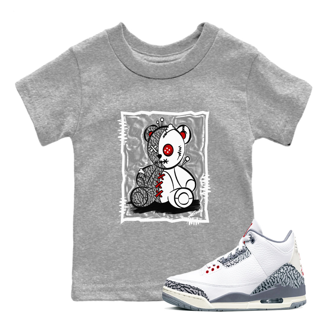 3s Cement Grey shirts to match jordans Vintage Bear sneaker match tees Air Jordan 3 Cement Grey SNRT Sneaker Release Tees Youth Baby Heather Grey 1 crew neck shirts