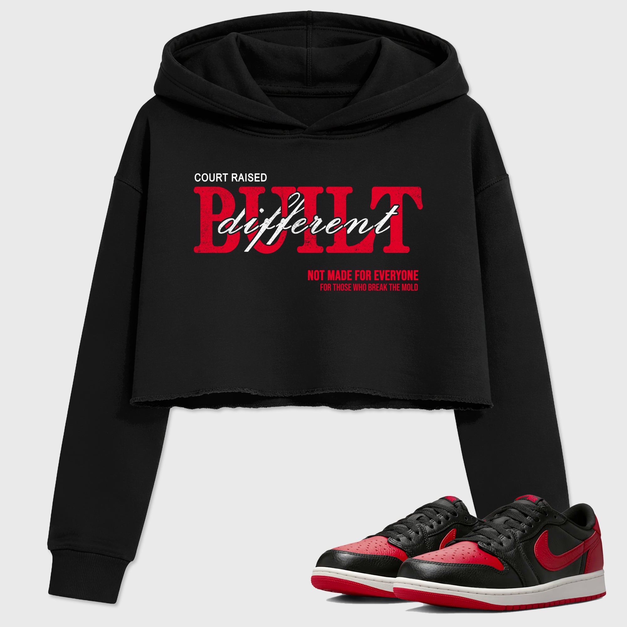 Sneaker match tees – Sneaker Tees To Match Air Jordan 1 Banned Shoes – Vintage Built Different Crop T-Shirt Black 1