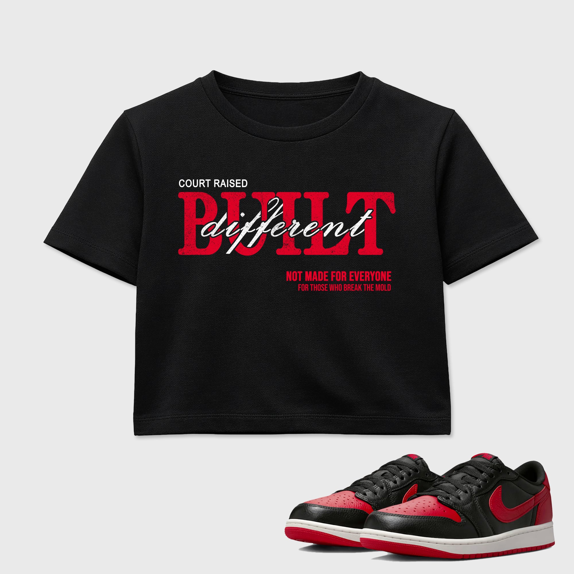 Sneaker match tees – Sneaker Tees To Match Air Jordan 1 Banned Shoes – Vintage Built Different Crop T-Shirt Black 1