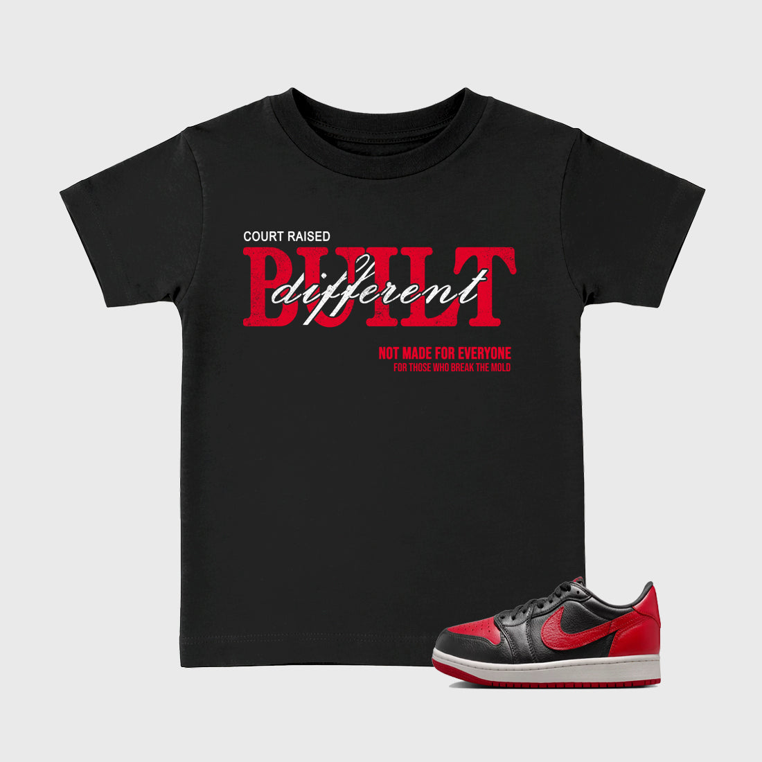 Sneaker match tees – Sneaker Tees To Match Air Jordan 1 Banned Shoes – Vintage Built Different Kids T-Shirt Black 1
