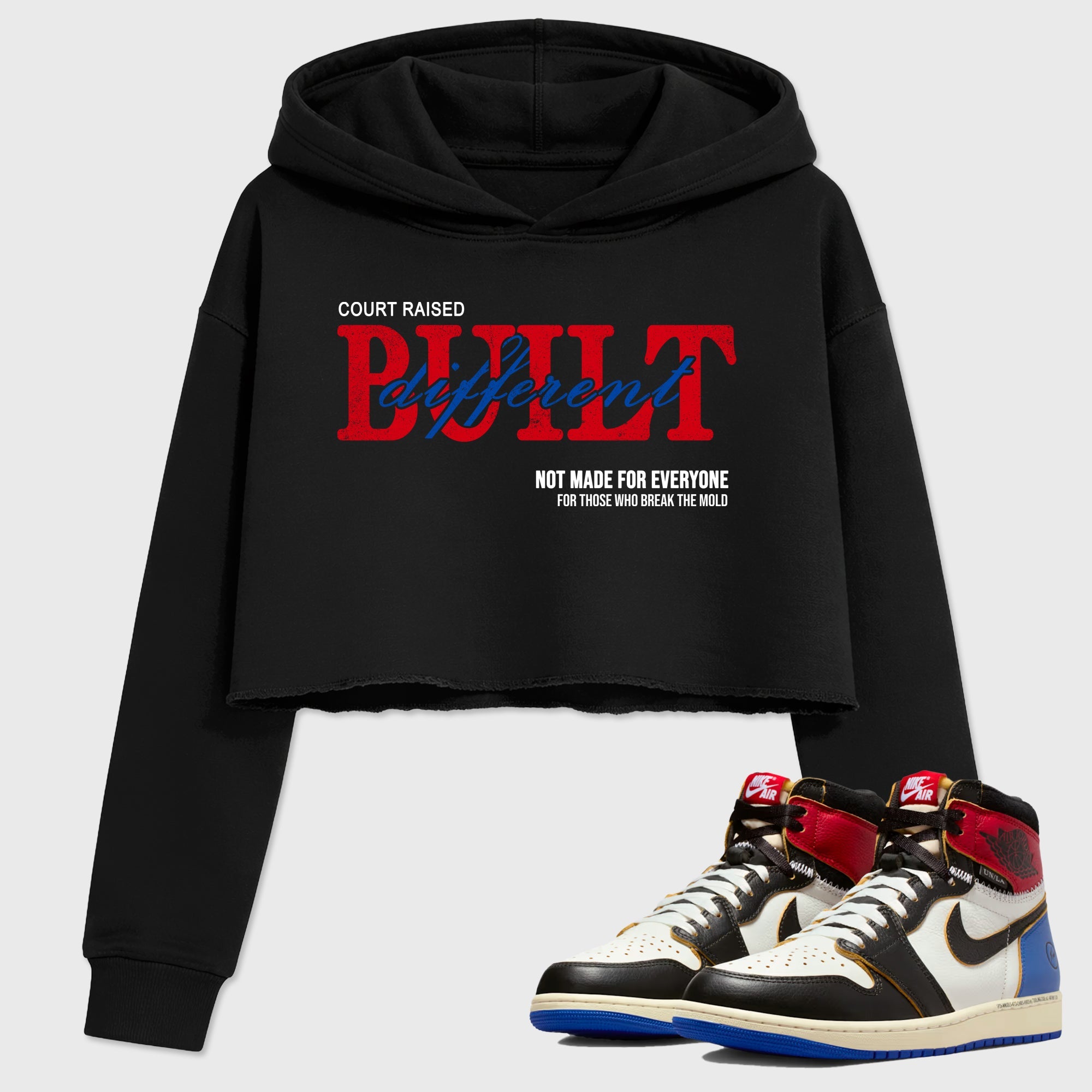 Sneaker match tees – Sneaker Tees To Match Air Jordan 1 Union x Fragment Shoes – Vintage Built Different Crop T-Shirt Black 1