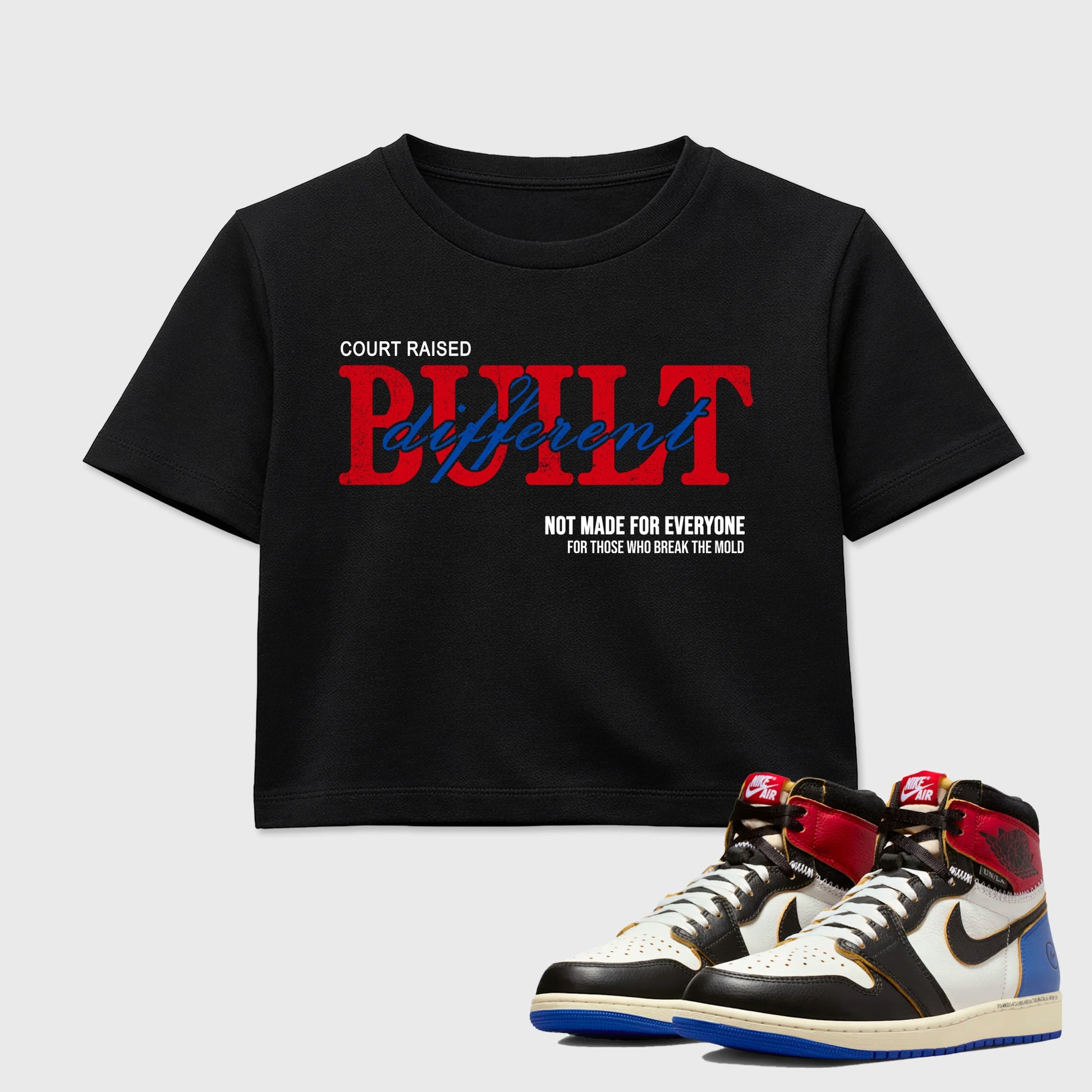 Sneaker match tees – Sneaker Tees To Match Air Jordan 1 Union x Fragment Shoes – Vintage Built Different Crop T-Shirt Black 1