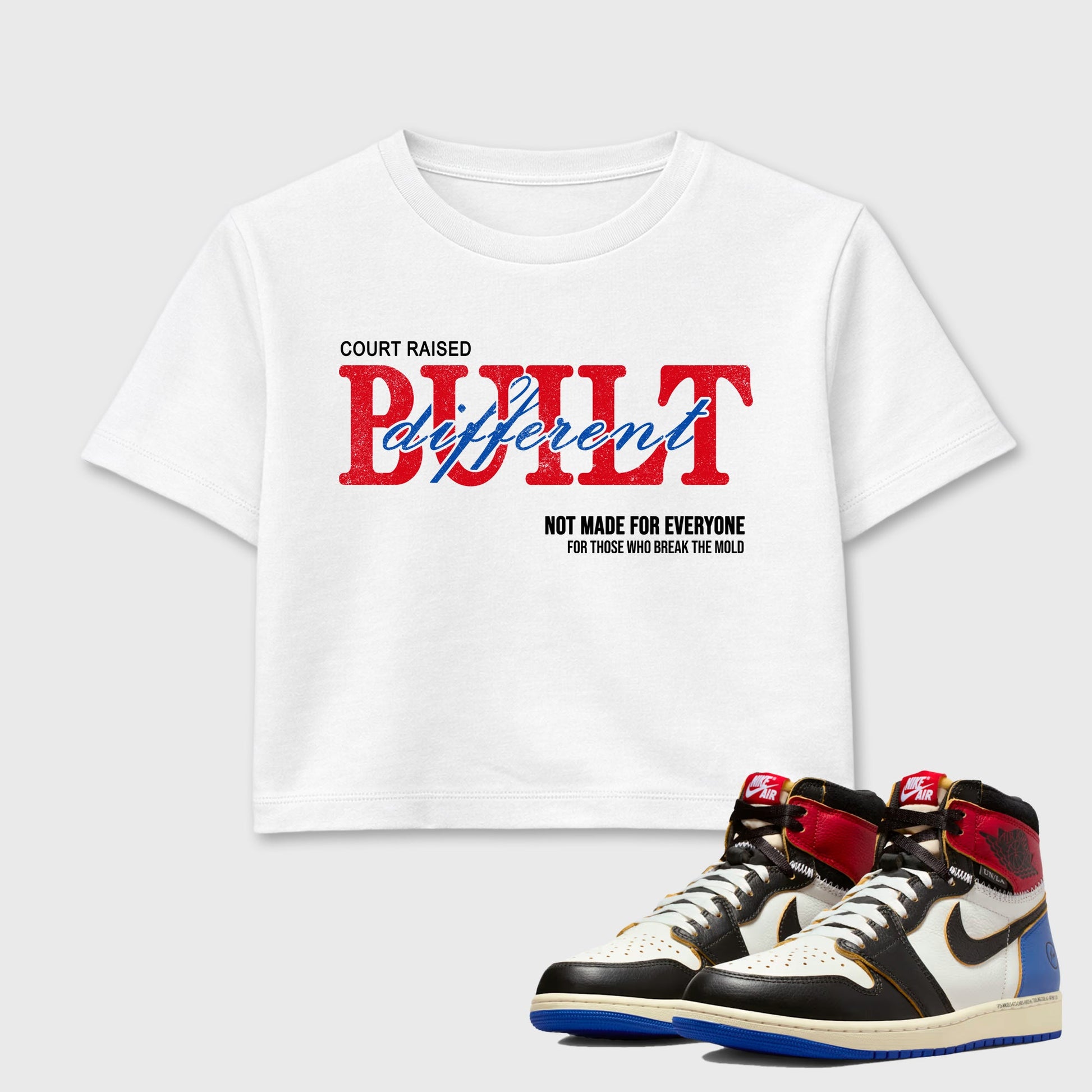 Sneaker match tees – Sneaker Tees To Match Air Jordan 1 Union x Fragment Shoes – Vintage Built Different Crop T-Shirt White 1
