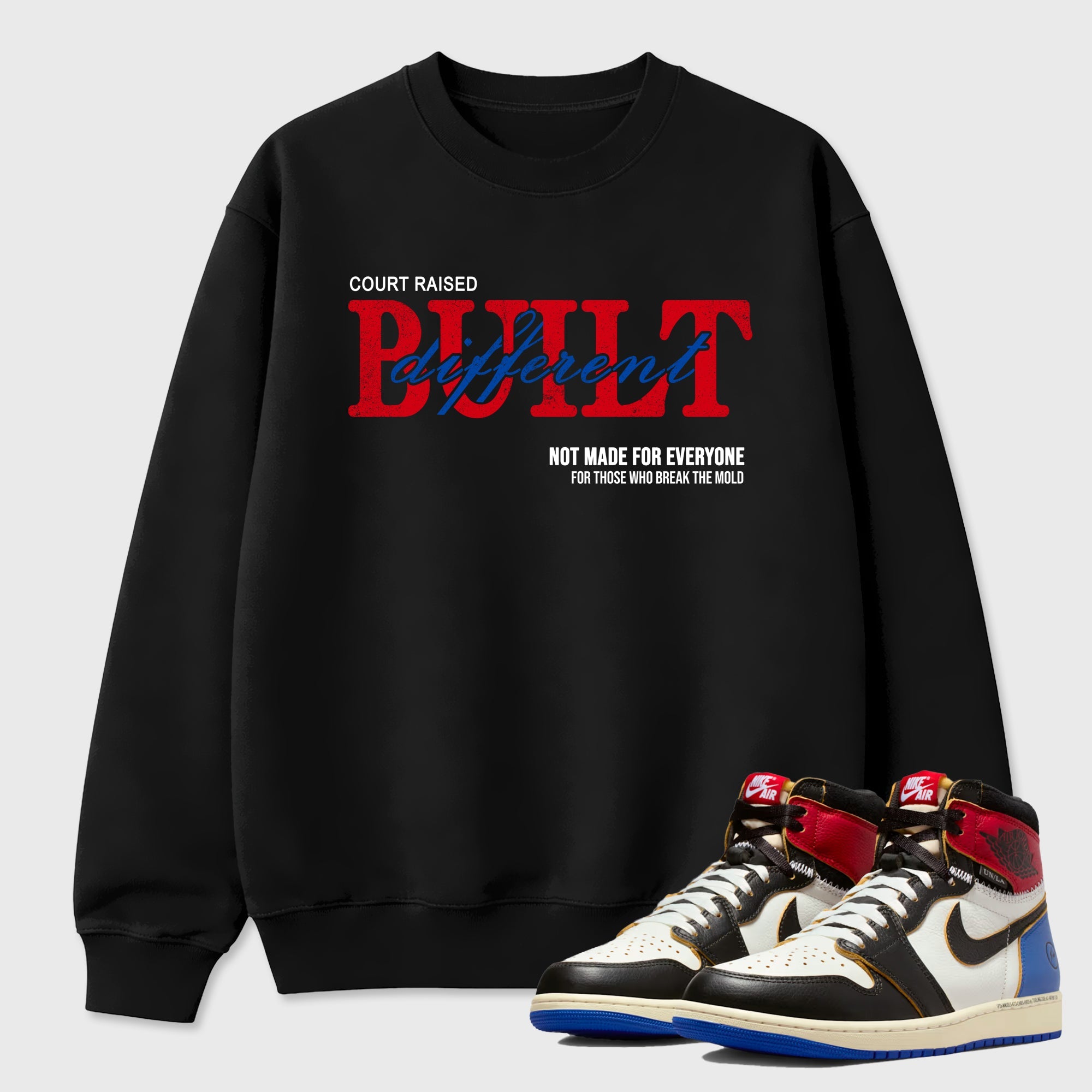 Sneaker match tees – Sneaker Tees To Match Air Jordan 1 Union x Fragment Shoes – Vintage Built Different Tee Black 1