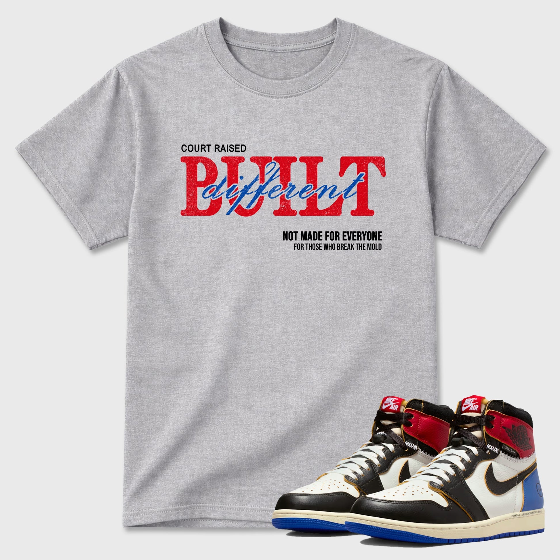 Sneaker match tees – Sneaker Tees To Match Air Jordan 1 Union x Fragment Shoes – Vintage Built Different Tee Heather Grey 1