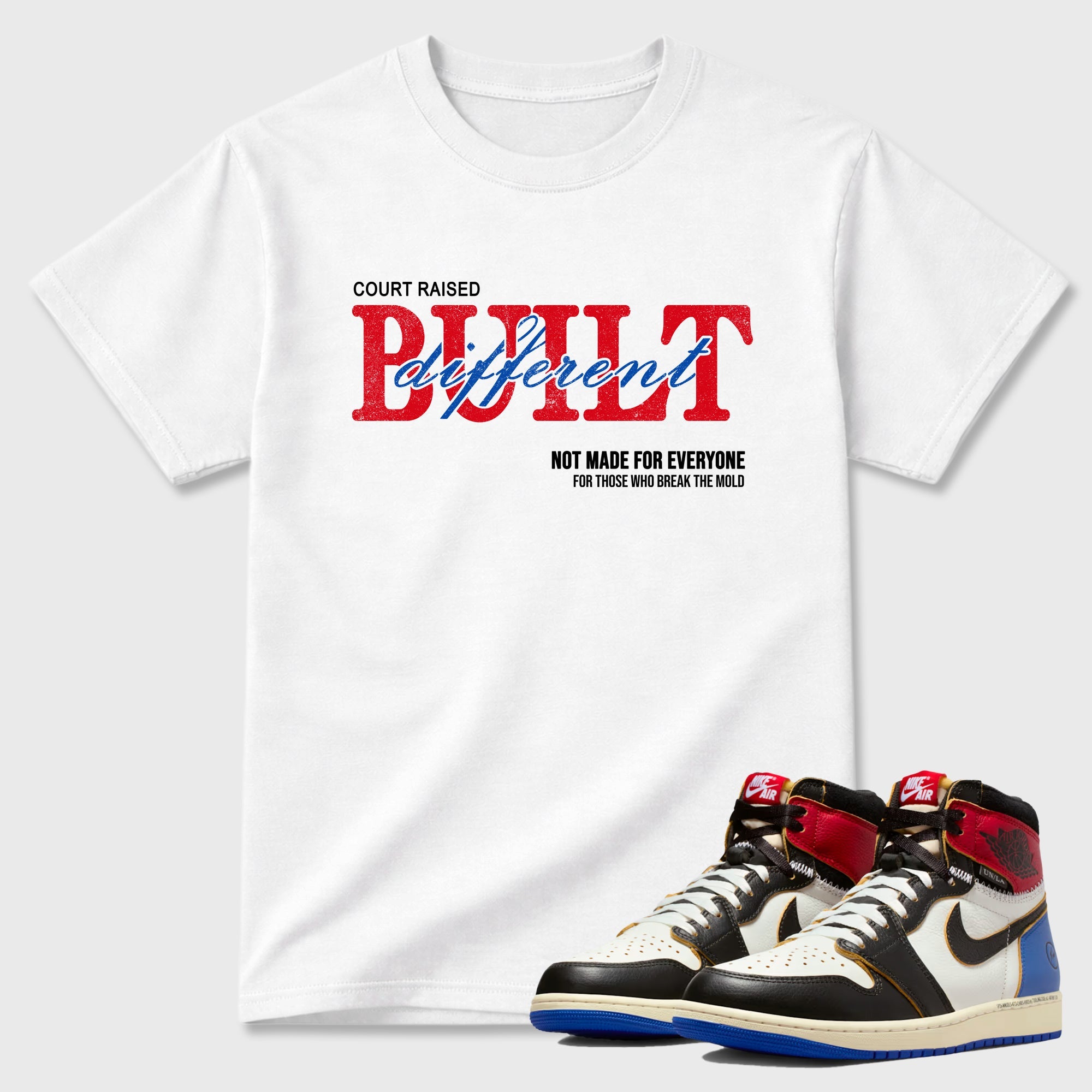Sneaker match tees – Sneaker Tees To Match Air Jordan 1 Union x Fragment Shoes – Vintage Built Different Tee White 1