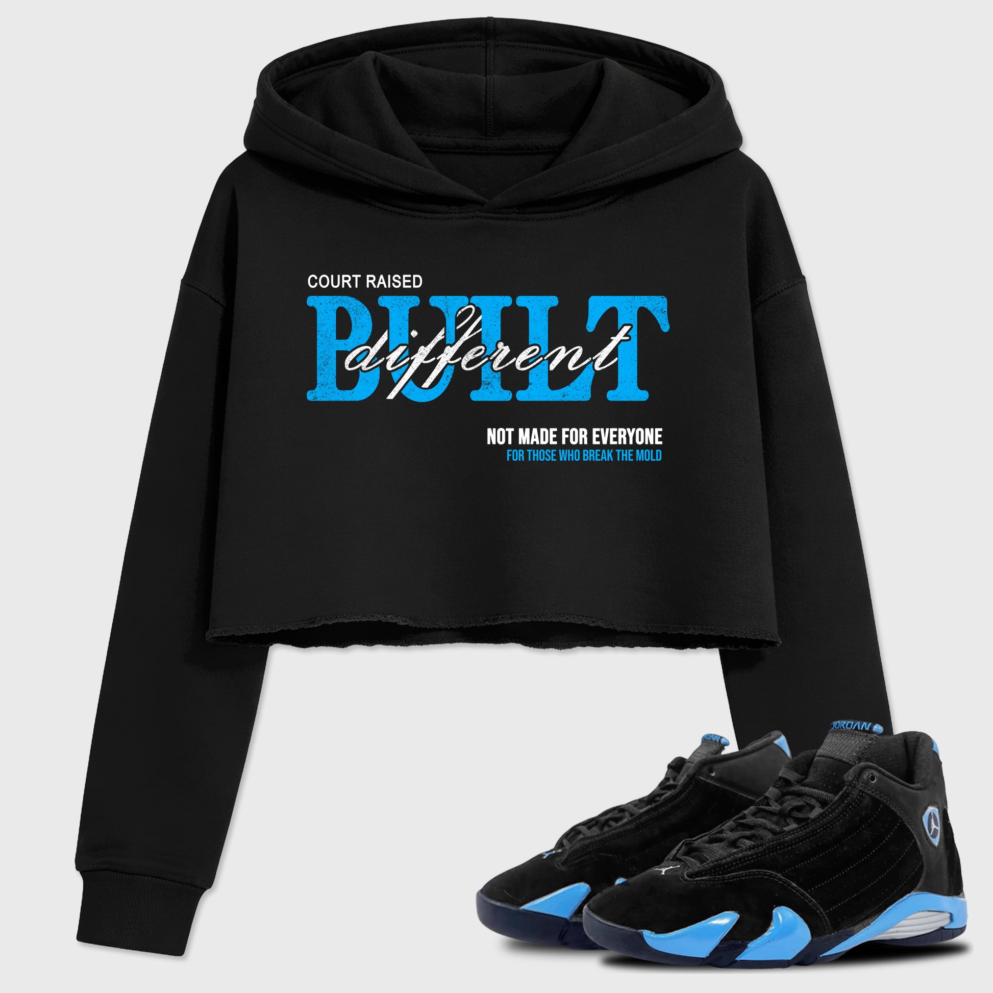 Sneaker match tees – Sneaker Tees To Match Air Jordan 14 University Blue Shoes – Vintage Built Different Crop T-Shirt Black 1
