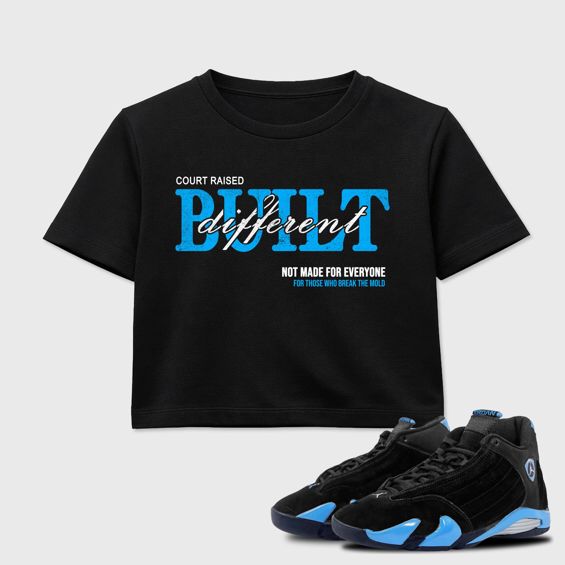 Sneaker match tees – Sneaker Tees To Match Air Jordan 14 University Blue Shoes – Vintage Built Different Crop T-Shirt Black 1