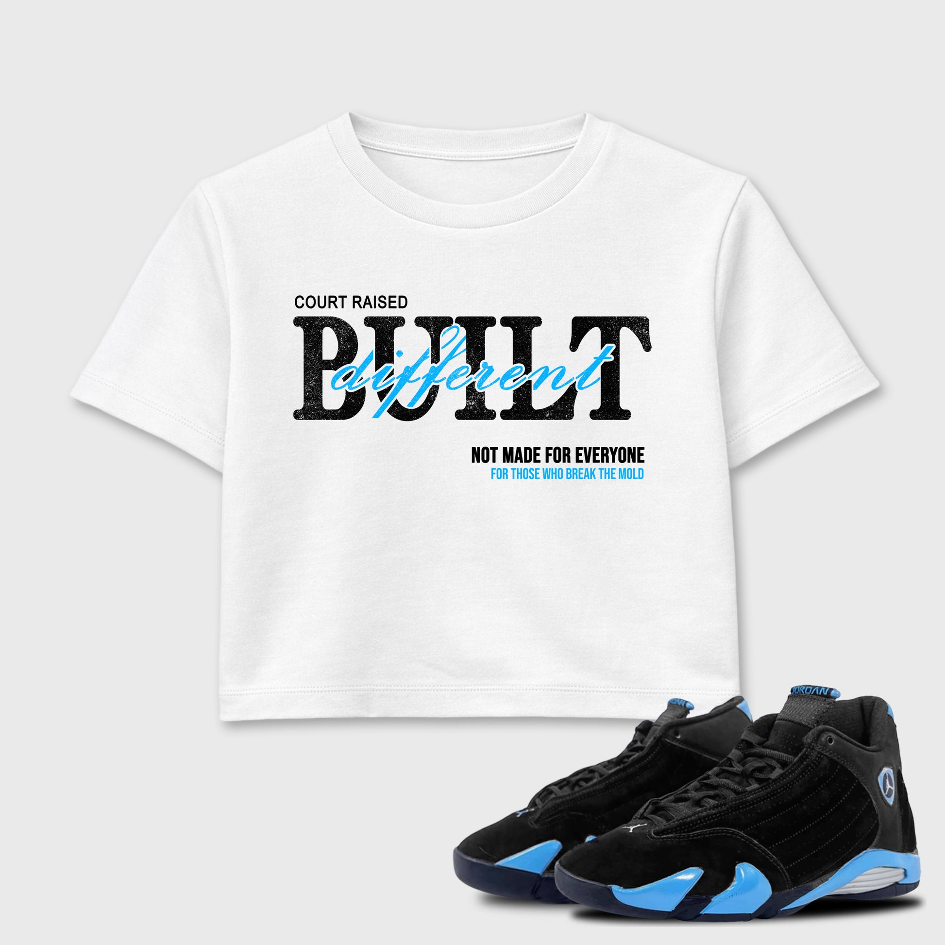 Sneaker match tees – Sneaker Tees To Match Air Jordan 14 University Blue Shoes – Vintage Built Different Crop T-Shirt White 1
