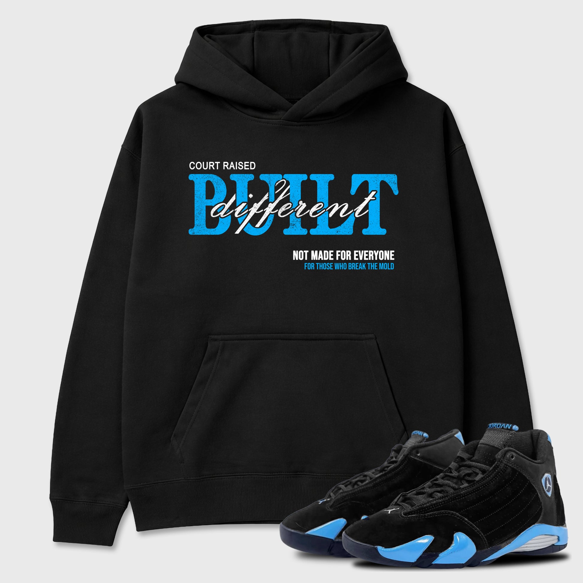 Sneaker match tees – Sneaker Tees To Match Air Jordan 14 University Blue Shoes – Vintage Built Different Tee Black 1
