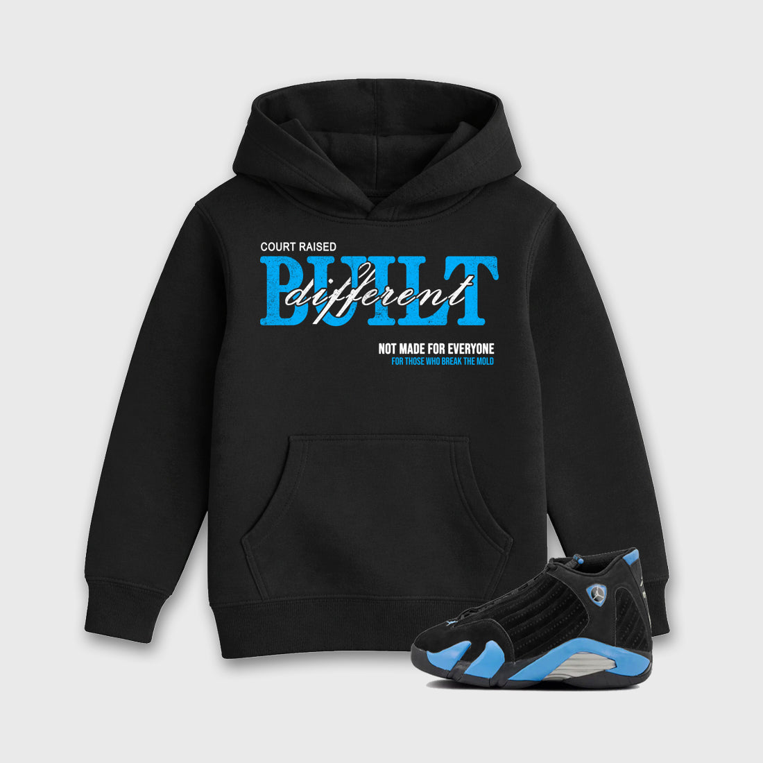 Sneaker match tees – Sneaker Tees To Match Air Jordan 14 University Blue Shoes – Vintage Built Different Kids T-Shirt Black 1
