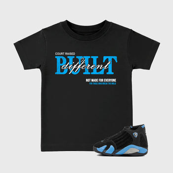 Sneaker match tees – Sneaker Tees To Match Air Jordan 14 University Blue Shoes – Vintage Built Different Kids T-Shirt Black 1