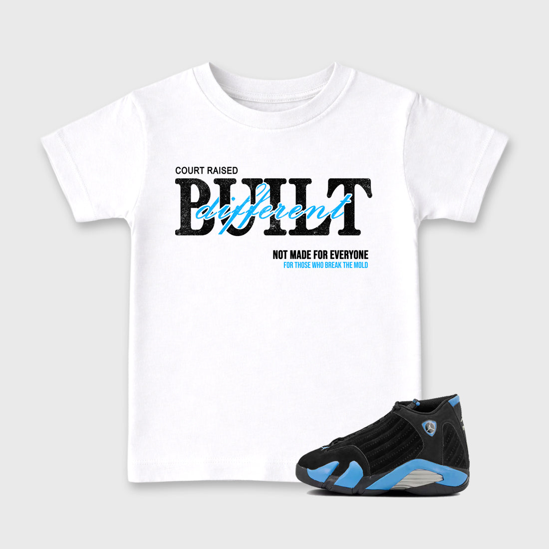 Sneaker match tees – Sneaker Tees To Match Air Jordan 14 University Blue Shoes – Vintage Built Different Kids T-Shirt White 1