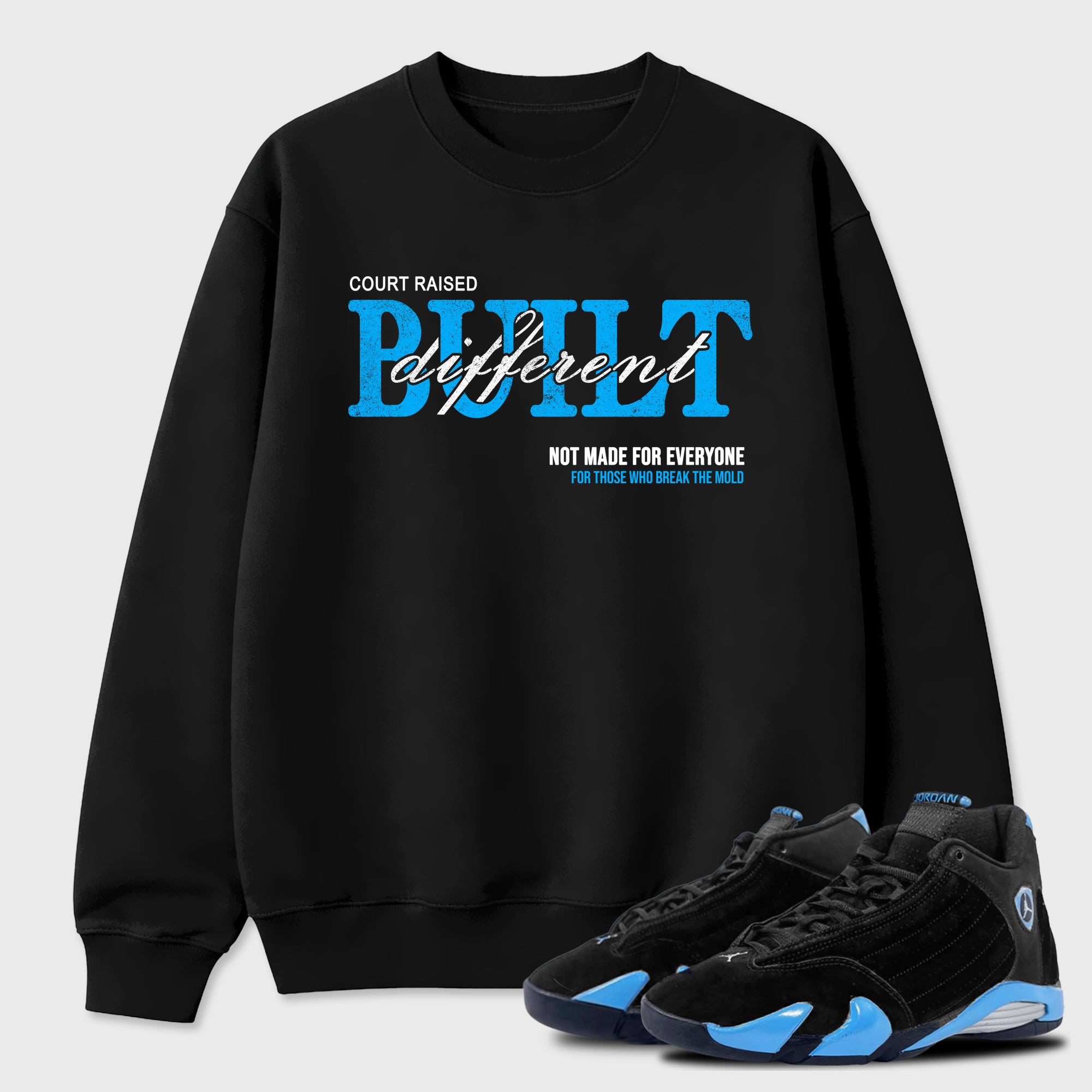 Sneaker match tees – Sneaker Tees To Match Air Jordan 14 University Blue Shoes – Vintage Built Different Tee Black 1