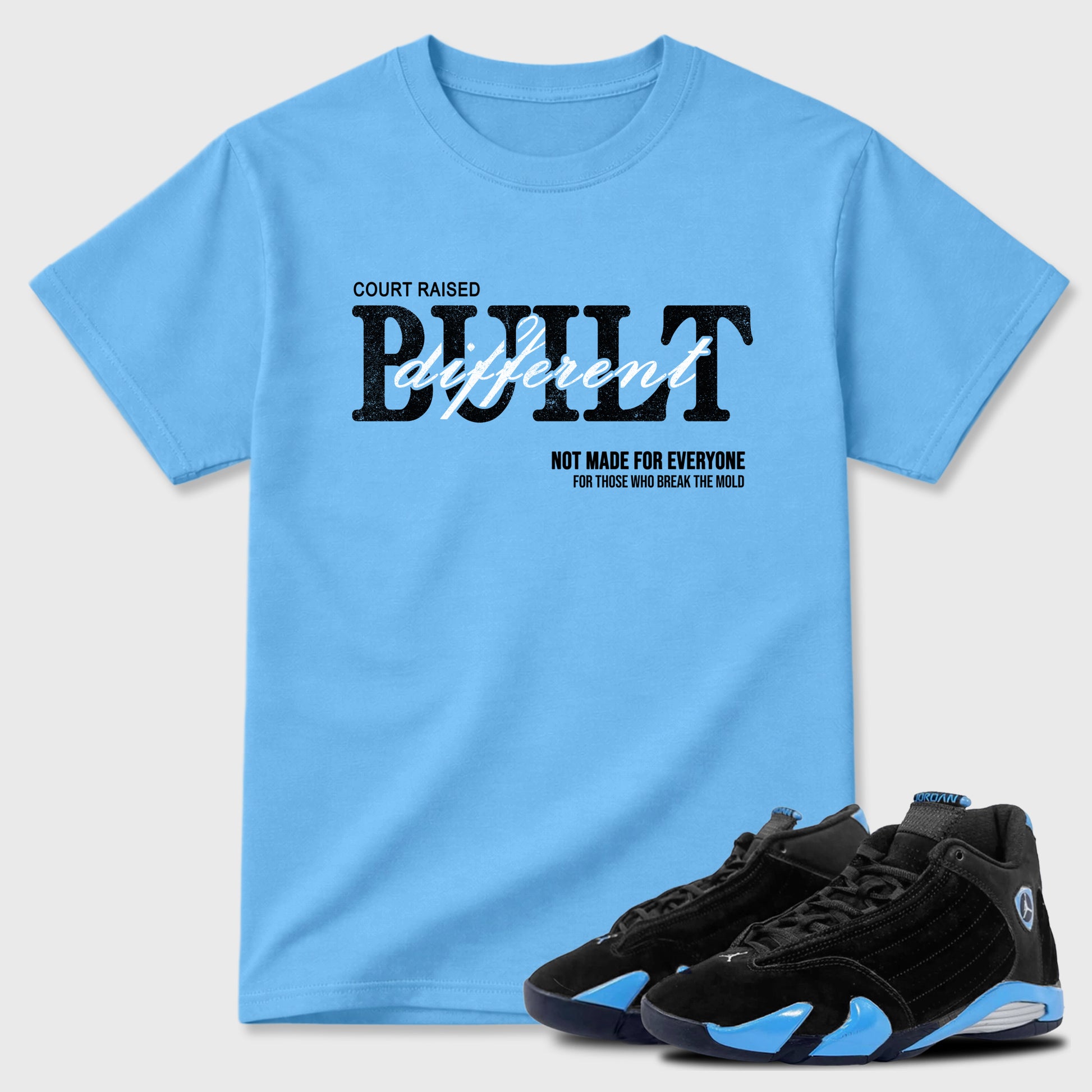 Sneaker match tees – Sneaker Tees To Match Air Jordan 14 University Blue Shoes – Vintage Built Different Tee Carolina Blue 1
