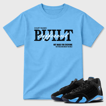 Sneaker match tees – Sneaker Tees To Match Air Jordan 14 University Blue Shoes – Vintage Built Different Tee Carolina Blue 1
