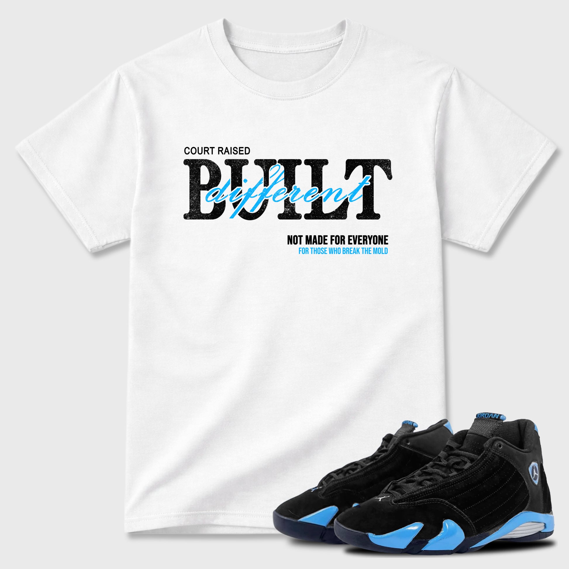 Sneaker match tees – Sneaker Tees To Match Air Jordan 14 University Blue Shoes – Vintage Built Different Tee White 1