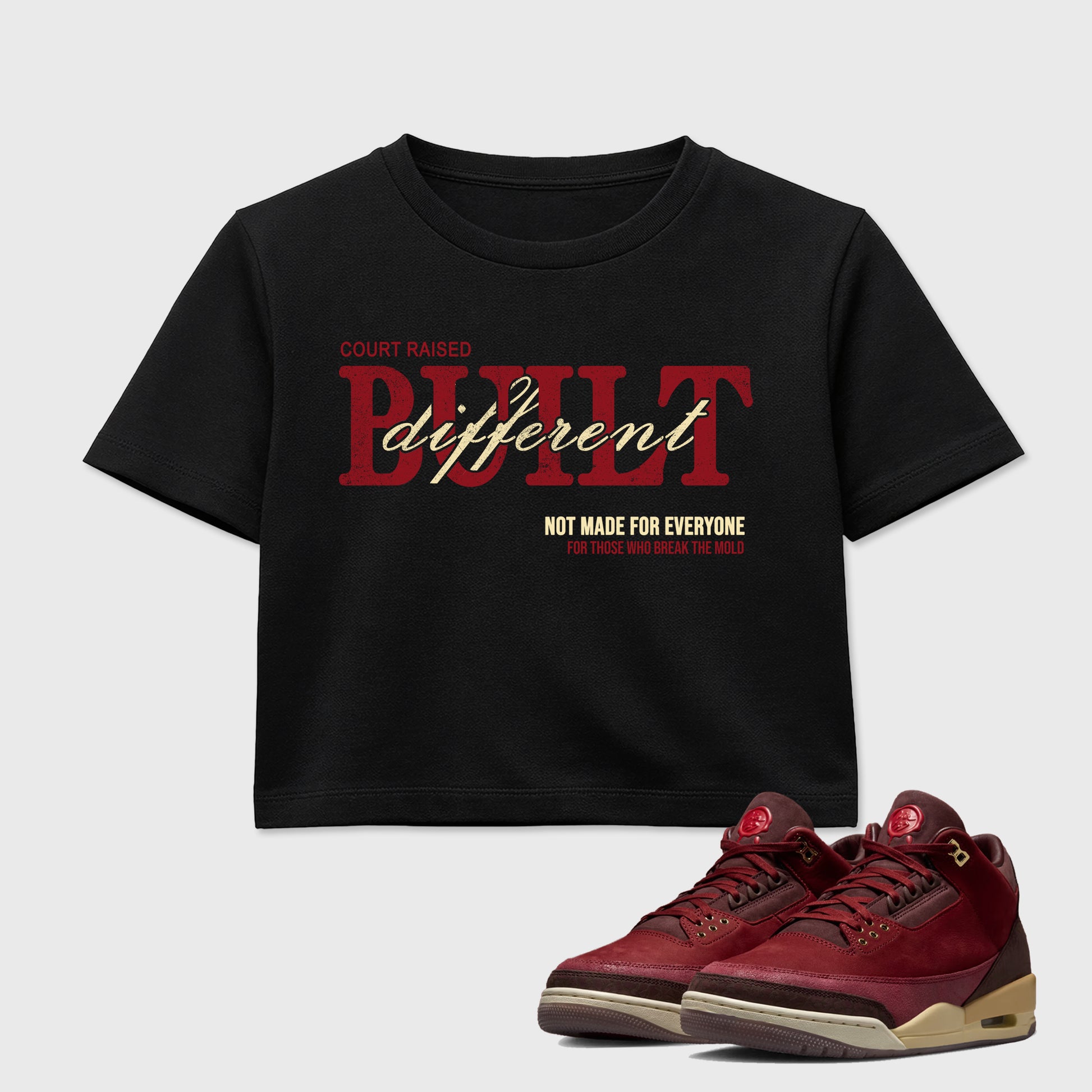 Vintage Built Different women’s crop tee designed to match the Air Jordan 3 Bin 23, featuring coordinated Black 1 options for a perfect streetwear vibe.
