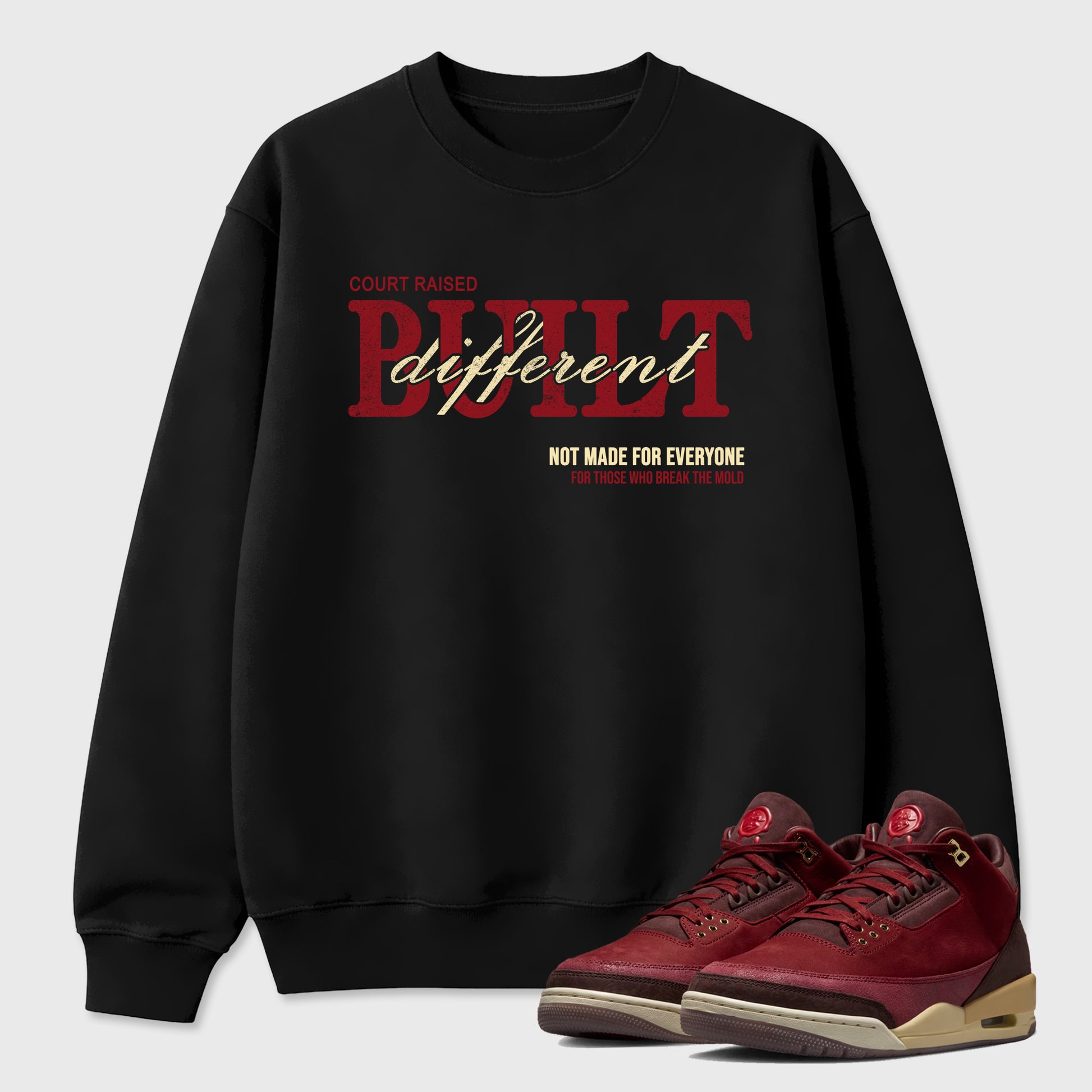 Vintage Built Different Graphic T-Shirt sneaker match tee designed for the Air Jordan 3 Bin 23, featuring coordinated color options for a perfect streetwear match. Black 1 shirt.