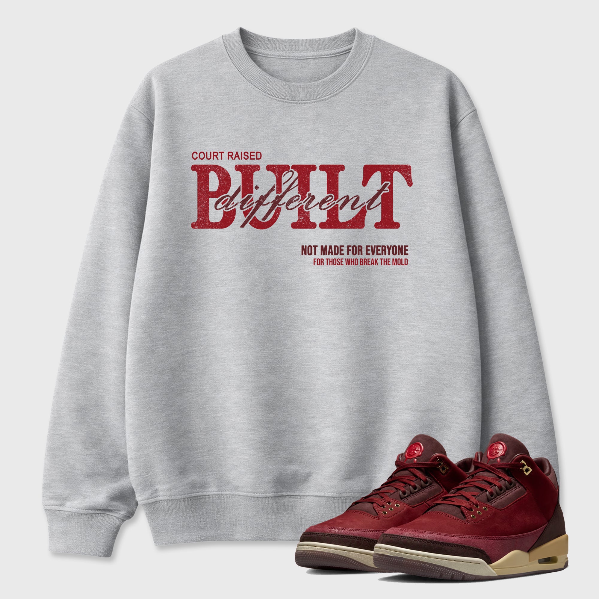 Vintage Built Different Graphic T-Shirt sneaker match tee designed for the Air Jordan 3 Bin 23, featuring coordinated color options for a perfect streetwear match. Heather Grey 1 shirt.