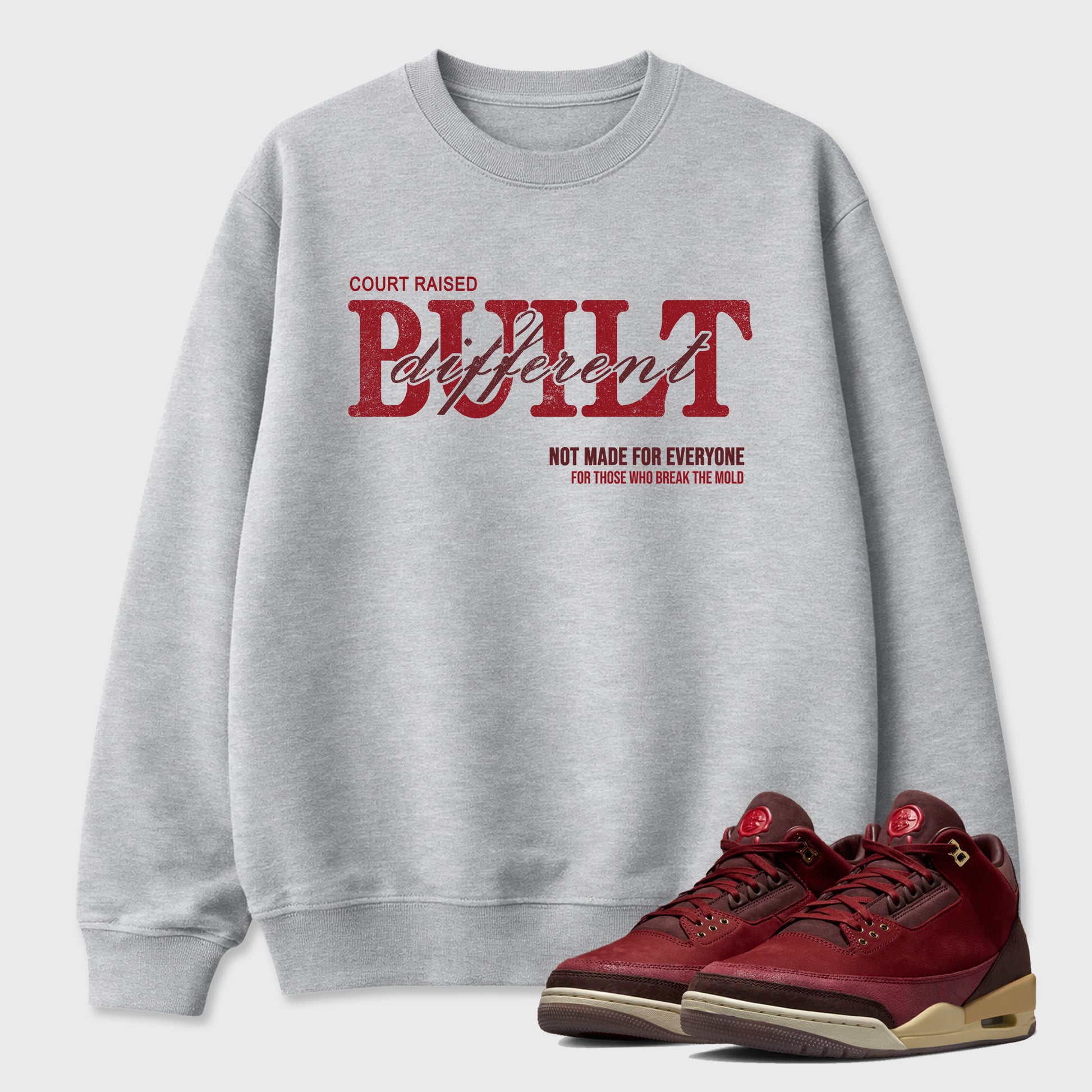 Vintage Built Different Graphic T-Shirt sneaker match tee designed for the Air Jordan 3 Bin 23, featuring coordinated color options for a perfect streetwear match. Heather Grey 1 shirt.