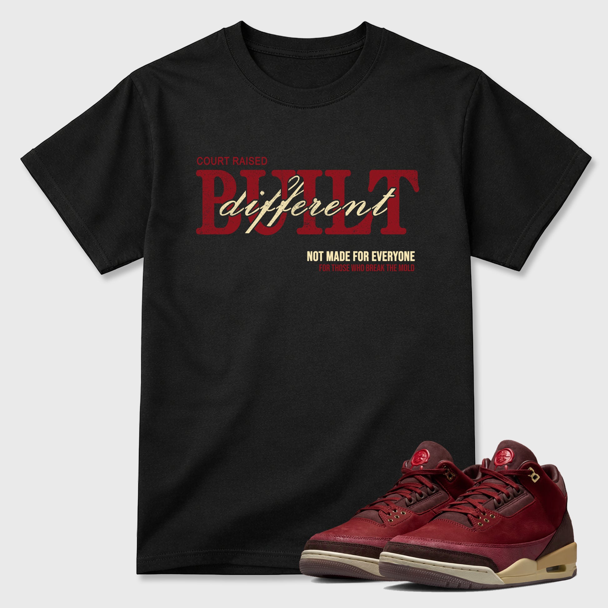 Vintage Built Different Graphic T-Shirt sneaker match tee designed for the Air Jordan 3 Bin 23, featuring coordinated color options for a perfect streetwear match. Black 1 shirt.