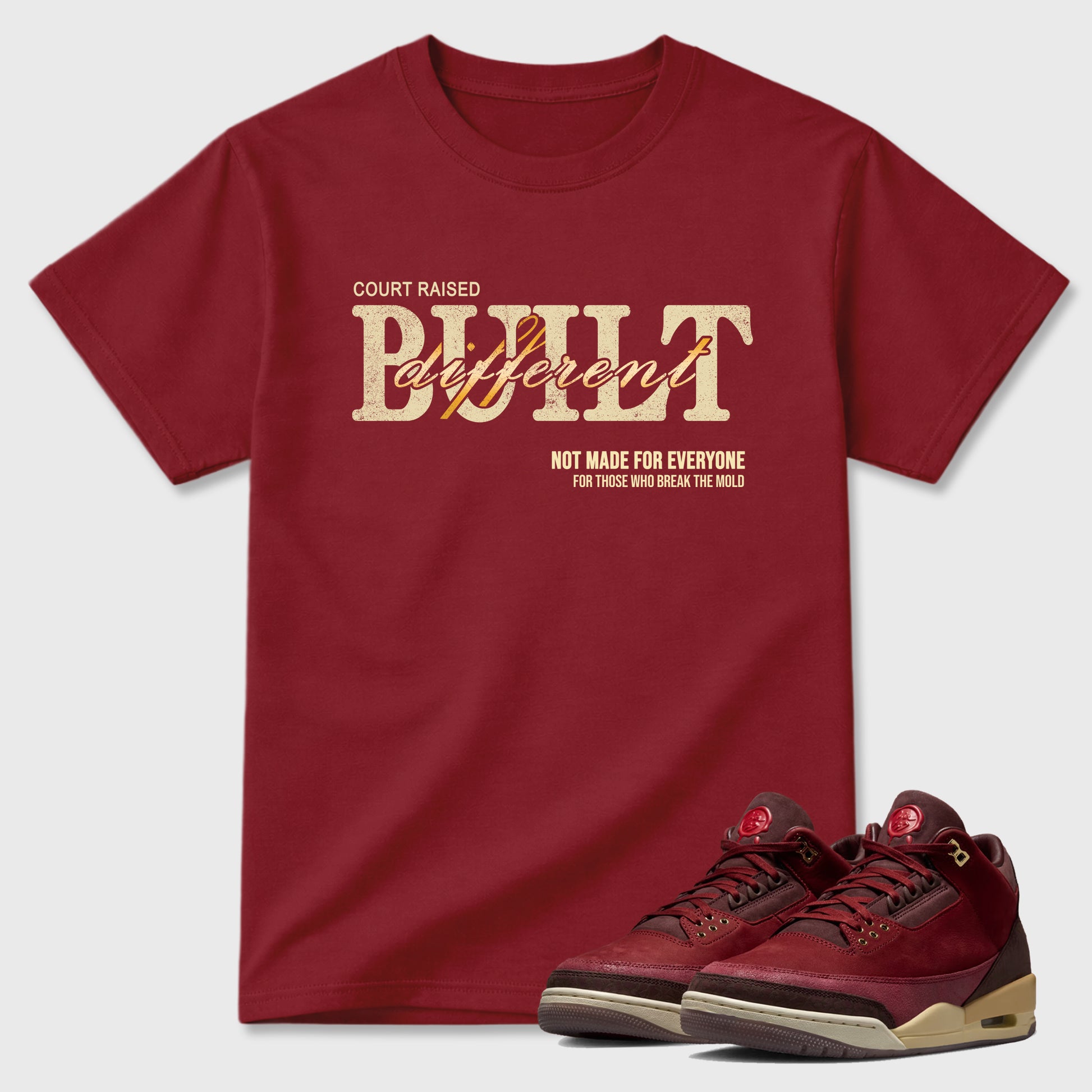 Vintage Built Different Graphic T-Shirt sneaker match tee designed for the Air Jordan 3 Bin 23, featuring coordinated color options for a perfect streetwear match. Cardinal 1 shirt.