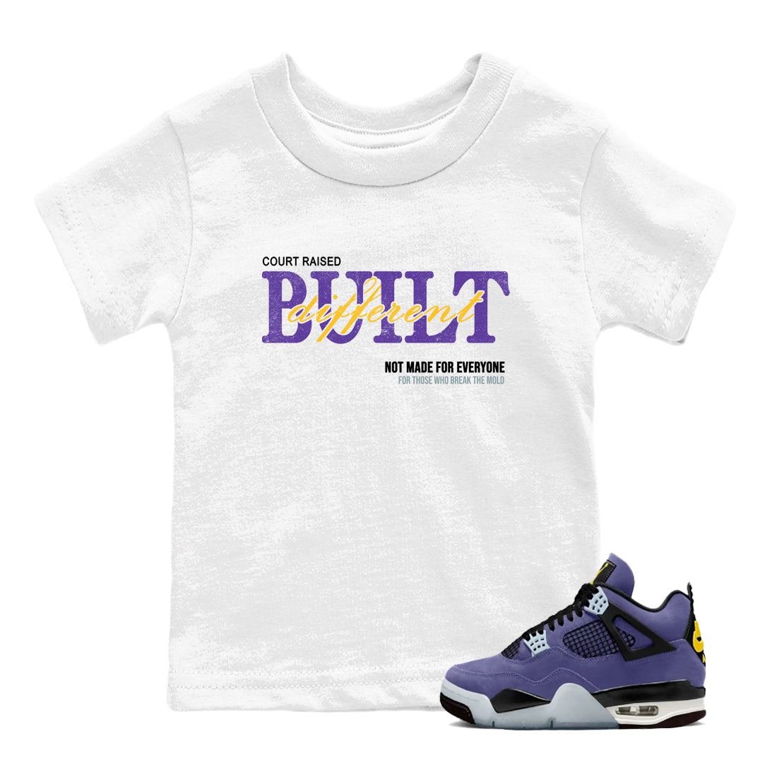 Sneaker match tees – Sneaker Tees To Match Air Jordan 4 Lakeshow Shoes – Vintage Built Different Kids T-Shirt White 1