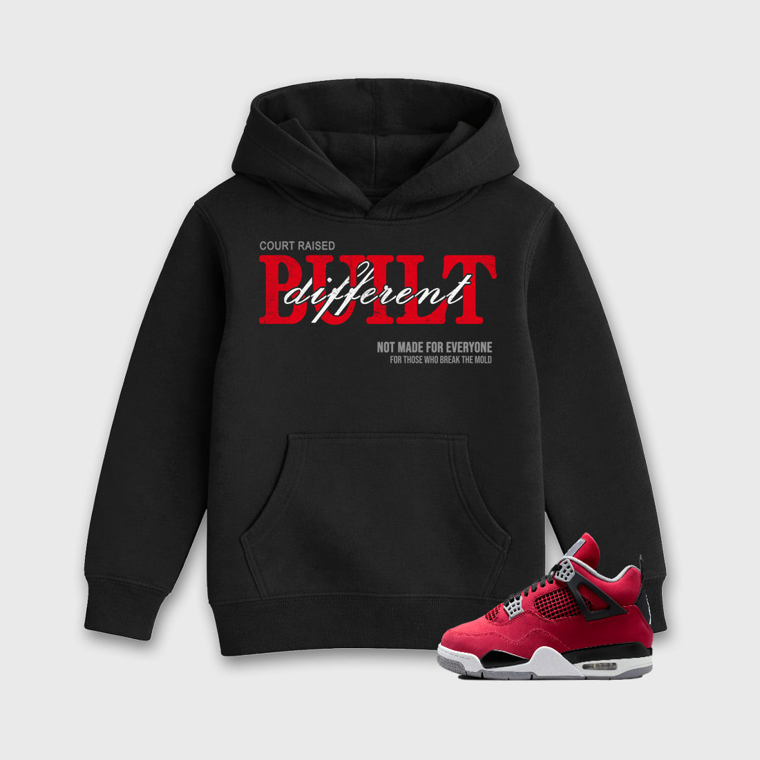 Vintage Built Different affordable baby and kids t-shirt designed to match the Air Jordan 4 Toro Bravo, featuring coordinated Black 1 options for the perfect little sneakerhead streetwear look.